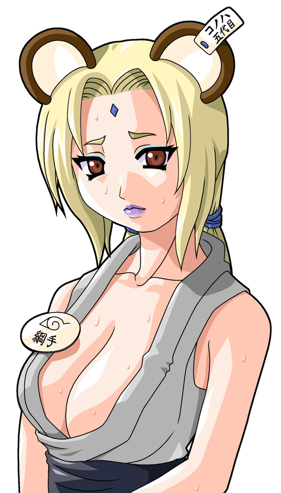 nyoraho mimizuku, tsunade (naruto), naruto (classic), naruto (series), translated, animal ears, bear ears, blonde hair, breasts, brown eyes, large breasts, lipstick, makeup