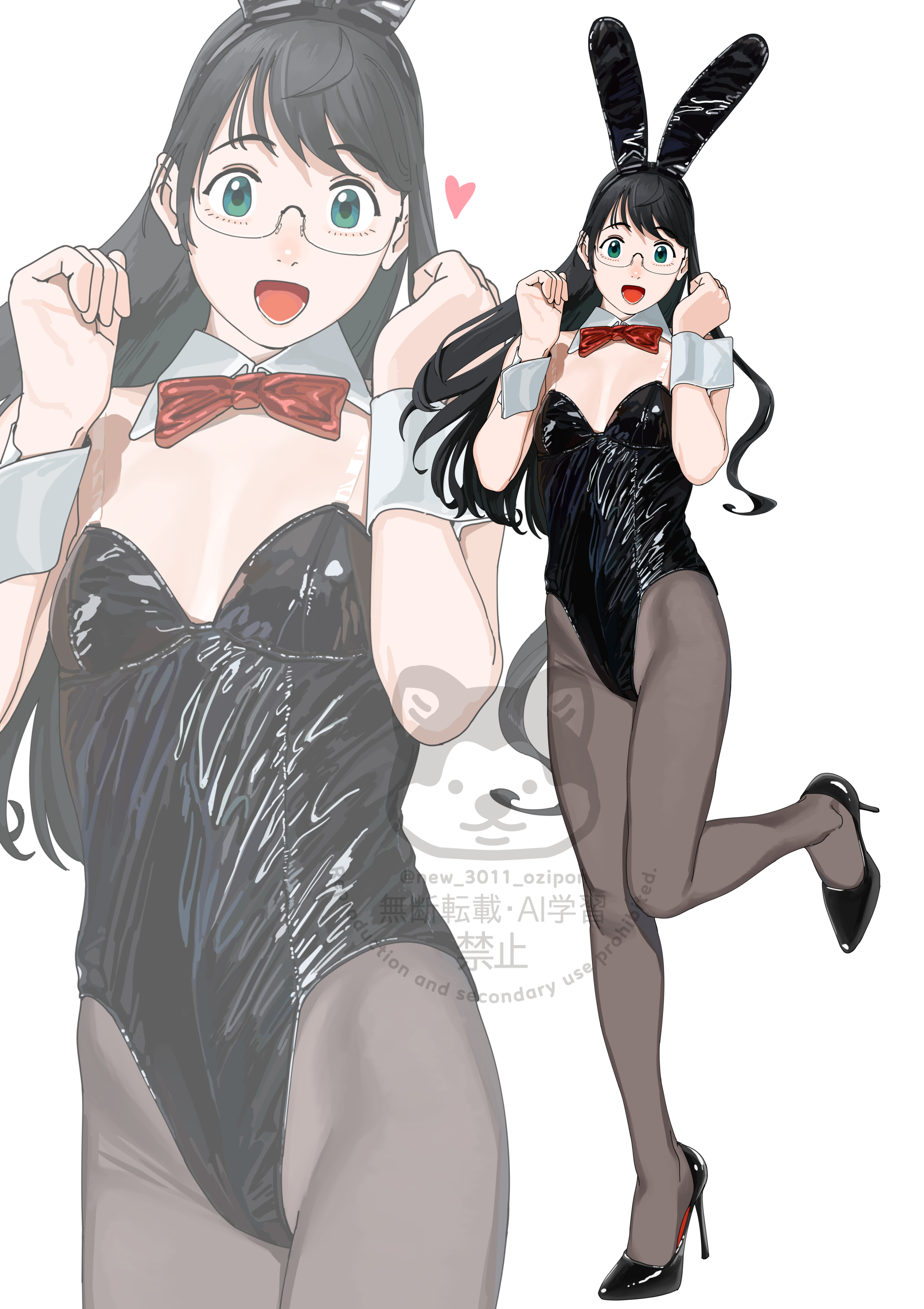 ojipon, ooyodo (kancolle), kantai collection, absurdres, commentary request, highres, 1girl, animal ear hairband, animal ears, artist logo, black hair, black leotard, black pantyhose, bow, bowtie, breasts, clenched hands, cowboy shot, detached collar, fake animal ears, full body, hairband, leotard, logo, long hair, pantyhose, playboy bunny, rabbit ears, red bow, red bowtie, red eyes, see-through strap, simple background, small breasts, smile, solo, standing, standing on one leg, strapless, strapless leotard, watermark, white background, wrist cuffs, zoom layer