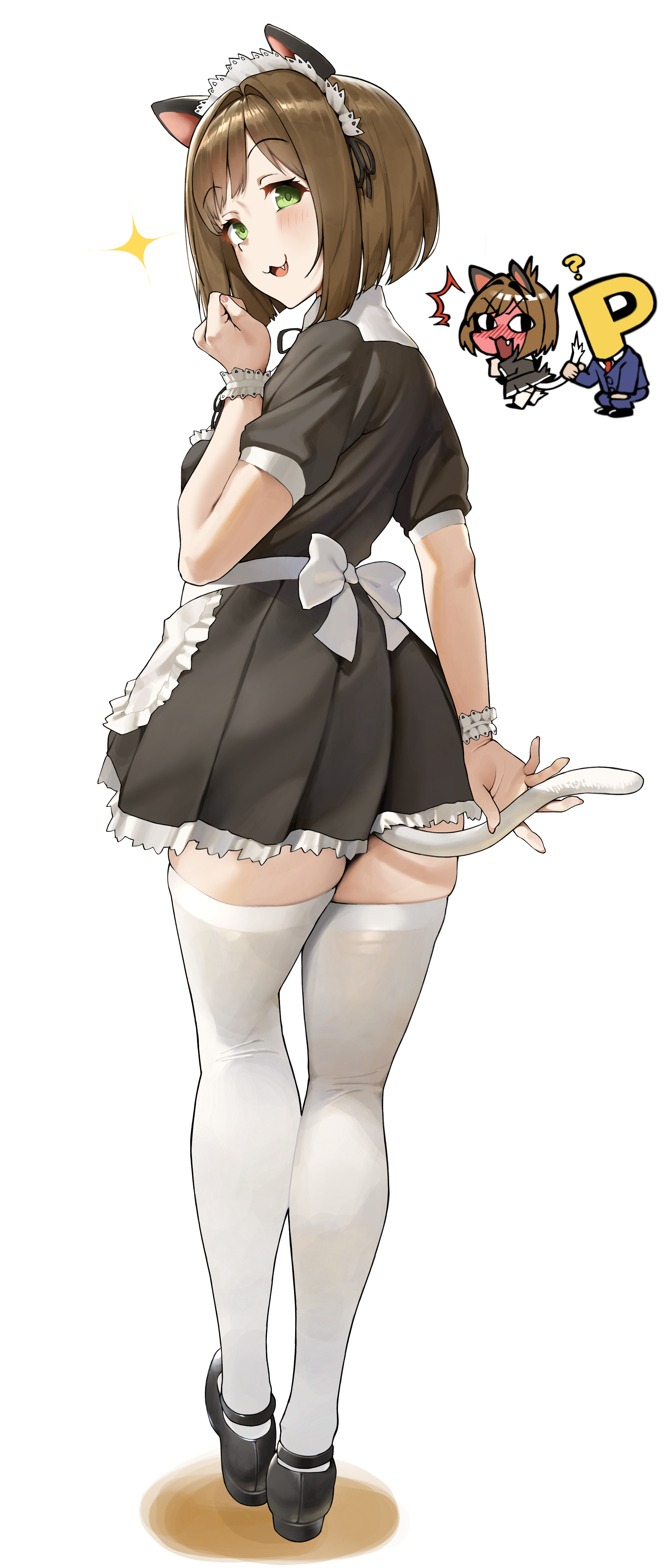 saya endo (27), maekawa miku, p-head producer, producer (idolmaster), idolmaster, idolmaster cinderella girls, absurdres, commentary request, commission, highres, skeb commission, 1boy, 1girl, :3, ?, ^^^, alternate costume, animal ears, apron, black dress, black shoes, brown hair, cat ears, cat tail, dress, enmaided, fake animal ears, fake tail, fang, fingernails, green eyes, inset, maid, maid apron, maid headdress, shoes, short hair, short sleeves, tail, tail under clothes, thighhighs, waist apron, white apron, white thighhighs, zettai ryouiki