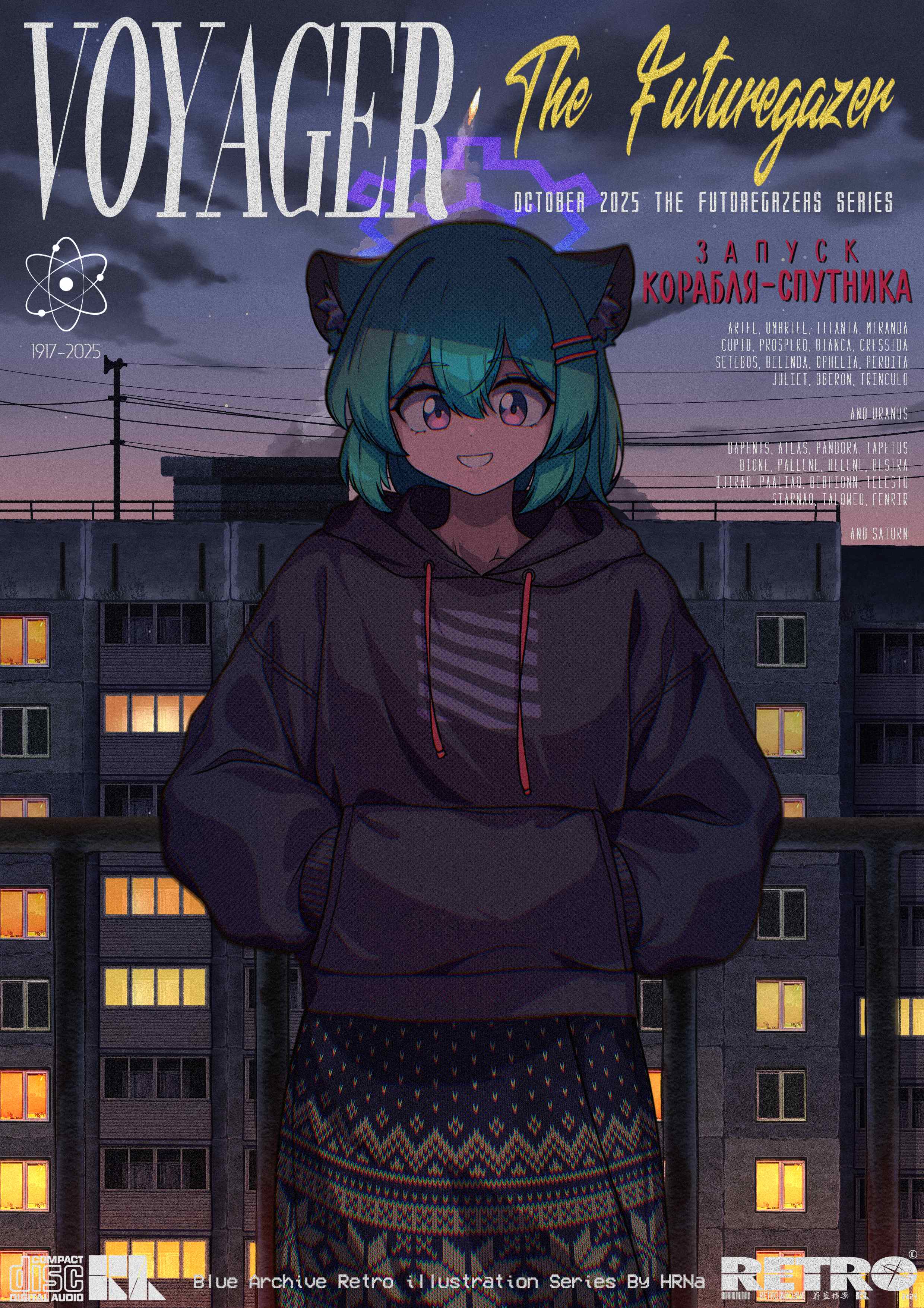 hrna, shigure (blue archive), blue archive, absurdres, commentary, english commentary, highres, 1girl, animal ears, black hoodie, black skirt, cloud, cowboy shot, double-parted bangs, drawstring, evening, green hair, grin, hair between eyes, hair ornament, hairclip, hands in pockets, hood, hood down, hoodie, long sleeves, looking at viewer, outdoors, parallel hairclips, purple eyes, short hair, skirt, smile, solo, weasel ears, weasel girl