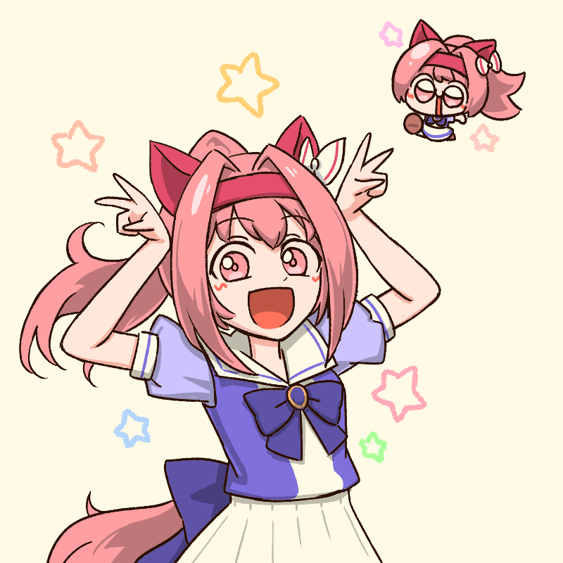 numenoko, haru urara (umamusume), umamusume, 1girl, animal ears, blush, bow, ear bow, ear covers, flower-shaped pupils, flower in eye, hairband, headband, horse ears, horse girl, horse tail, long hair, looking at viewer, open mouth, pink eyes, pink hair, pink headband, ponytail, red headband, school uniform, smile, solo, symbol-shaped pupils, symbol in eye, tail, tracen school uniform
