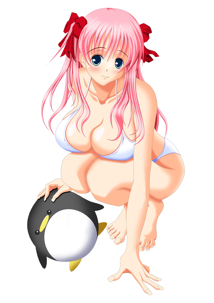 etopen, haramura nodoka, saki (manga), 00s, 1girl, bad anatomy, bad feet, barefoot, bikini, bird, blue eyes, blush, bow, breast press, breasts, cleavage, female focus, green eyes, hair bow, huge breasts, long hair, penguin, poorly drawn, ribbon, solo, swimsuit, twintails
