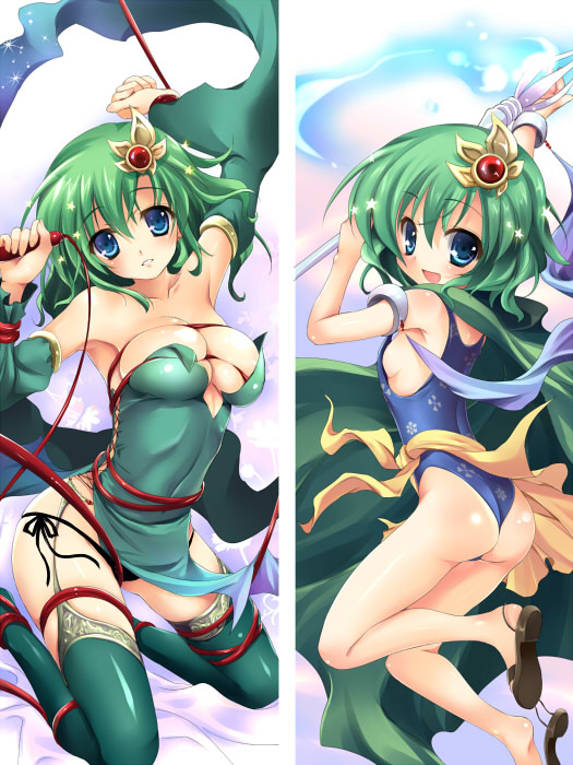 bankoku ayuya, rydia (adult) (ff4), rydia (ff4), rydia (young) (ff4), final fantasy, final fantasy iv, 1990s (style), 2girls, age comparison, aged up, ass, bare shoulders, before and after, blue eyes, breasts, cape, cleavage, detached sleeves, dual persona, green hair, hair ornament, large breasts, loli, multiple girls, panties, retro artstyle, rod, side-tie panties, sideboob, smile, thighhighs, underwear, wedgie, whip