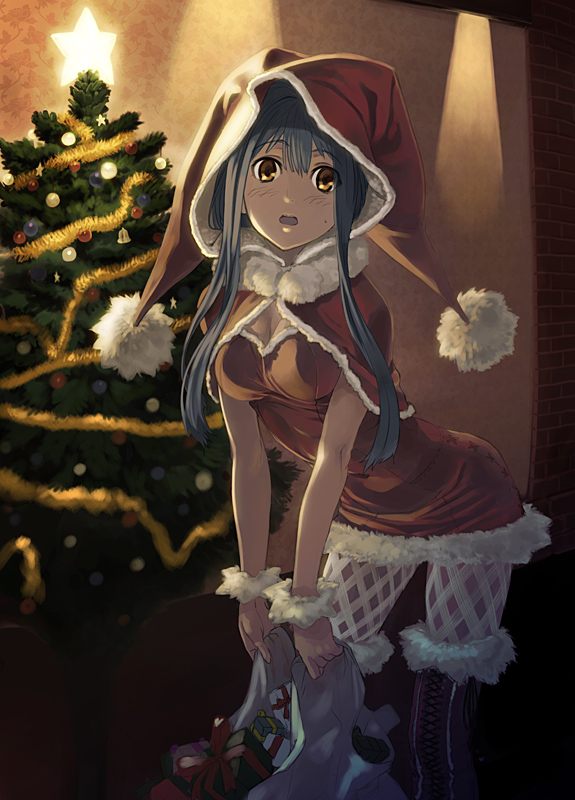 shimotsuki eight, original, 1girl, blue hair, blush, boots, breasts, brown eyes, capelet, christmas, christmas tree, female focus, hat, lips, long hair, open mouth, pantyhose, santa costume, santa hat, solo, thigh boots, thighhighs