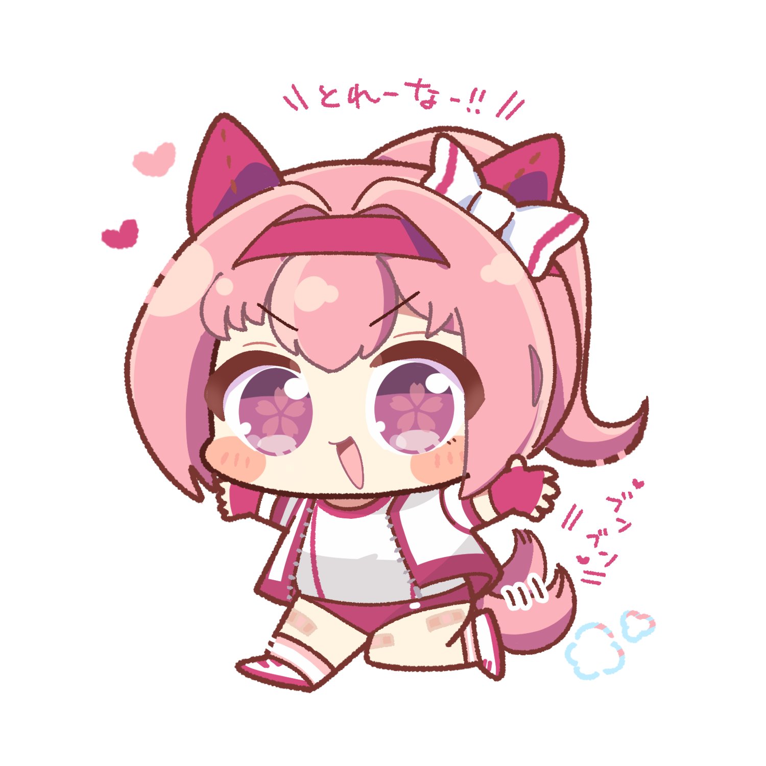 mokemongetdaze, haru urara (bestest prize) (umamusume), haru urara (umamusume), umamusume, commentary request, highres, translated, 1girl, :d, animal ears, bandaid, bandaid on leg, blush stickers, bow, buruma, chibi, chibi only, ear bow, ear covers, fingerless gloves, flower-shaped pupils, full body, gloves, hair intakes, hairband, heart, horse ears, horse girl, horse tail, jacket, looking at viewer, open clothes, open jacket, open mouth, pink eyes, pink hair, pink socks, red buruma, red gloves, red hairband, shirt, shoes, short hair, simple background, smile, socks, solo, standing, standing on one leg, striped clothes, striped socks, symbol-shaped pupils, tail, tail wagging, v-shaped eyebrows, white background, white bow, white jacket, white shirt, white shoes