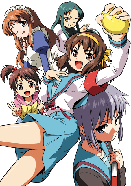 anbe masahiro, asahina mikuru, kyon no imouto, nagato yuki, suzumiya haruhi, tsuruya, suzumiya haruhi no yuuutsu, 00s, 5girls, book, cardigan, food, fruit, holding, holding food, holding fruit, lemon, maid, multiple girls, one eye closed, school uniform, serafuku, side ponytail, v, wink