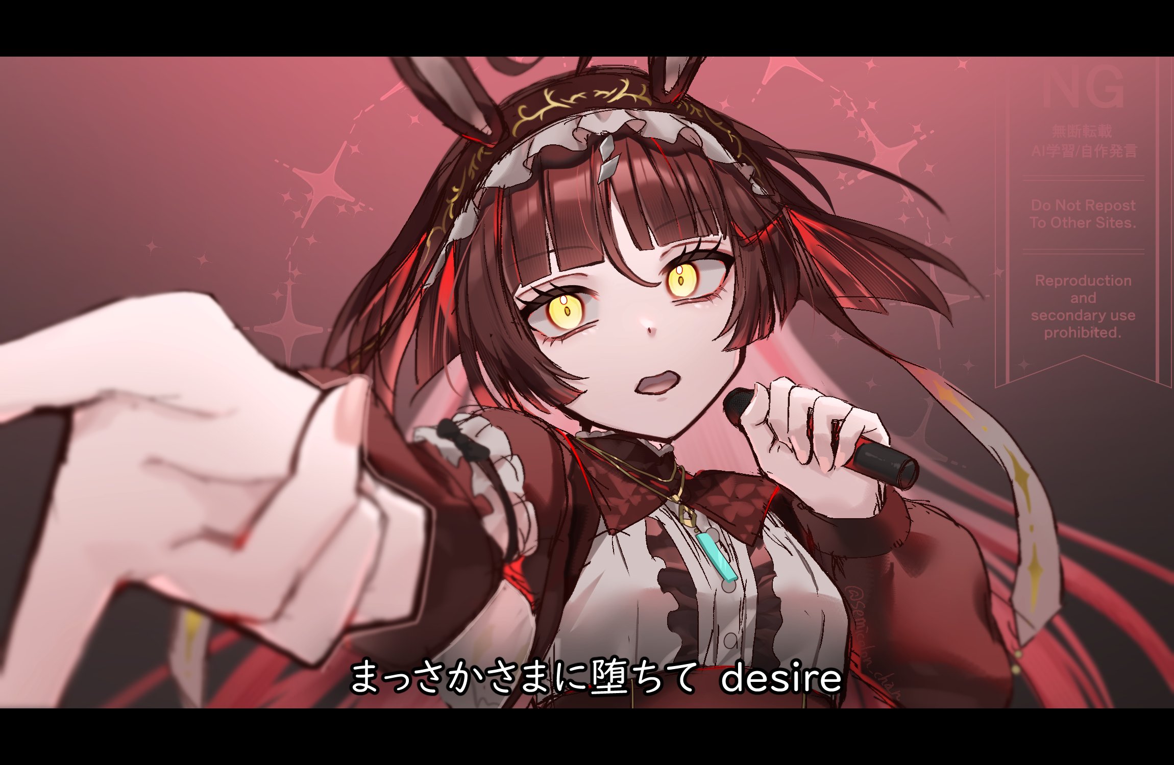 semicolon chan, red desire (umamusume), umamusume, commentary request, highres, translation request, 1girl, ahoge, animal ears, blunt bangs, blurry, blurry foreground, breasts, brown hair, hair between eyes, hair ornament, hairband, horse ears, jewelry, looking at viewer, microphone, necklace, open mouth, portrait, reaching, reaching towards viewer, red background, simple background, small breasts, yellow background