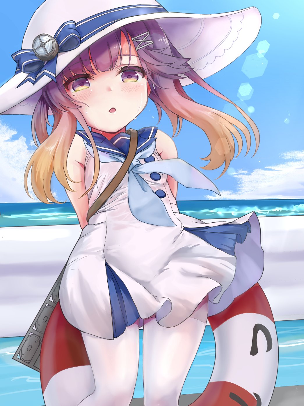 em s, tsushima (kancolle), kantai collection, highres, 1girl, adapted costume, alternate costume, arms behind back, blue neckerchief, blue sailor collar, blue sky, cloud, day, dress, feet out of frame, gradient hair, hat, horizon, lens flare, lifebuoy, looking up, multicolored hair, neckerchief, ocean, orange hair, outdoors, pantyhose, purple eyes, sailor collar, sailor dress, short hair with long locks, sky, sleeveless, sleeveless dress, solo, sun hat, swim ring, white hat, white pantyhose