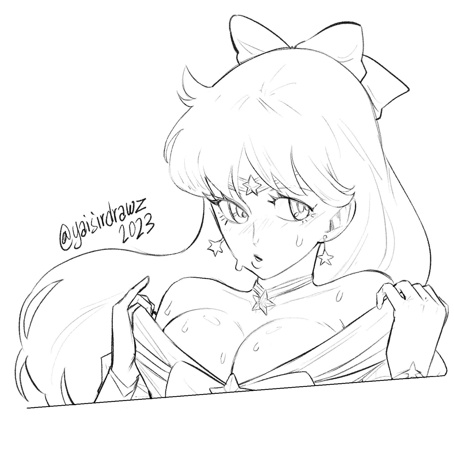 yaisirdrawz, bishoujo senshi sailor moon, commentary, english commentary, highres, 1girl, bow, breasts, choker, cleavage, collar tug, dated, earrings, hair bow, jewelry, long hair, medium breasts, monochrome, sailor senshi uniform, signature, simple background, sketch, solo, star (symbol), star choker, star earrings, sweat, swept bangs, upper body