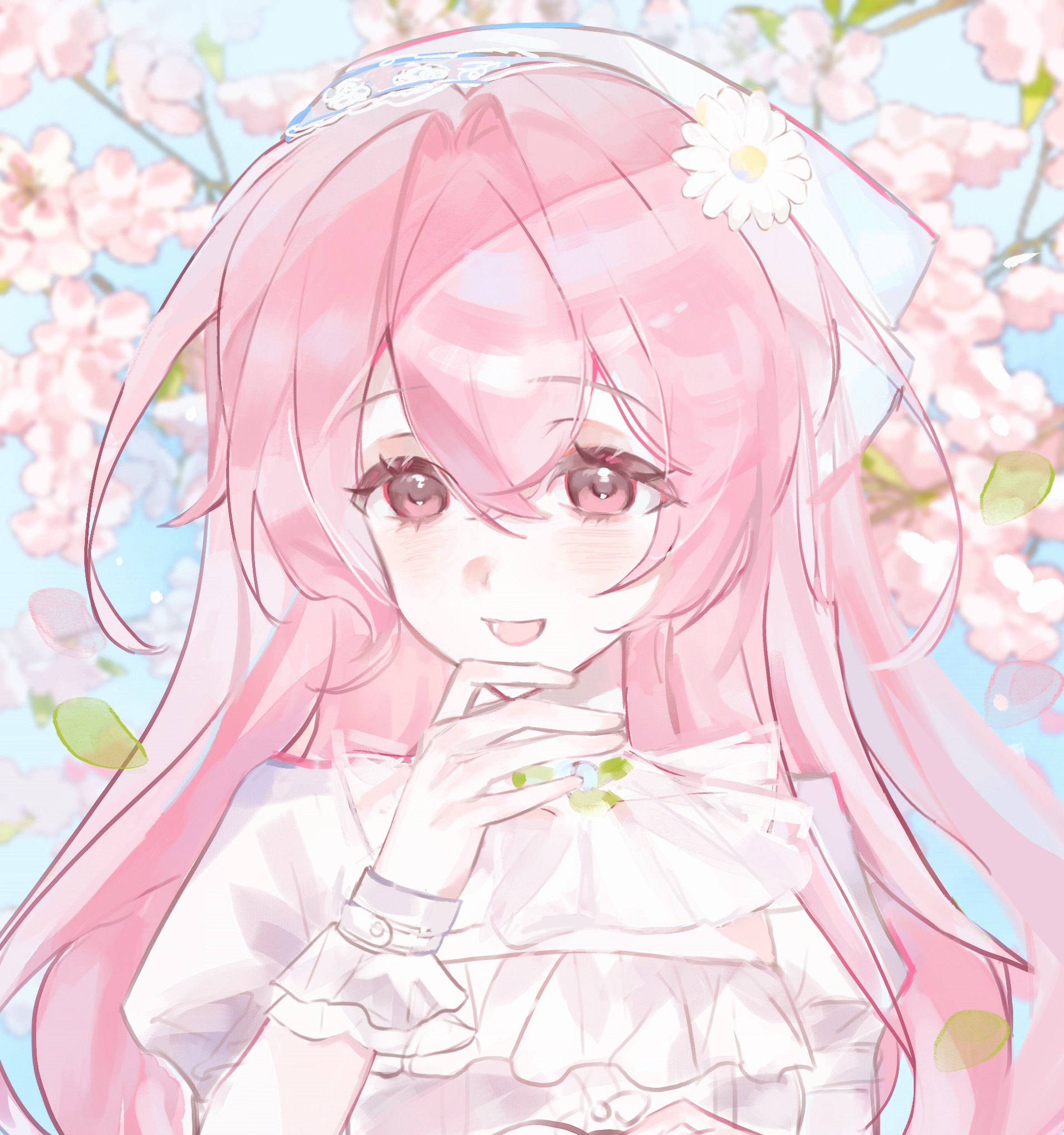 nikki (nikki), infinity nikki, nikki (series), chinese commentary, commentary request, highres, 1girl, blue headscarf, branch, cherry blossoms, collar, daisy (flower), day, detached collar, dress, eyelashes, floral print, flower, frilled dress, frilled wrist cuffs, frills, grey wrist cuffs, hair between eyes, hair flower, hair intakes, hair ornament, hand on own chin, happy, headscarf, lace-trimmed headwear, lace trim, leaf, light blush, long hair, lower teeth only, open mouth, outdoors, pink eyes, pink flower, pink hair, print headwear, puffy short sleeves, puffy sleeves, rose print, shirenmo, short sleeves, smile, solo, spring (season), square neckline, teeth, upper body, very long hair, white collar, white dress, white flower, wrist cuffs