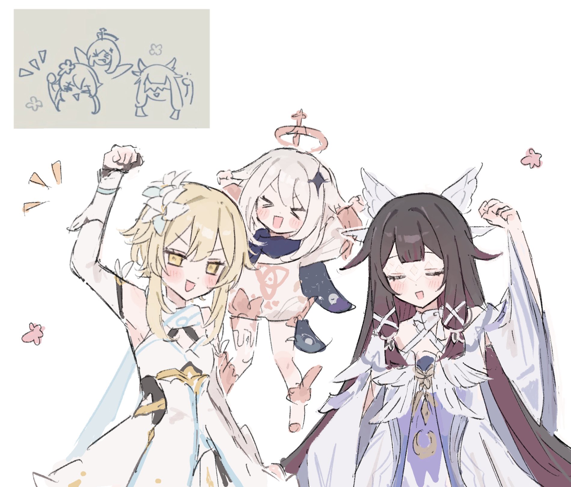 nankanankadayo, columbina (genshin impact), lumine (genshin impact), paimon (genshin impact), genshin impact, commentary request, highres, > <, 3girls, black hair, blonde hair, blush, breasts, closed eyes, dress, hair between eyes, hair ornament, halo, long hair, looking at viewer, medium hair, multiple girls, open mouth, small breasts, white background, wing hair ornament, x hair ornament, yellow eyes