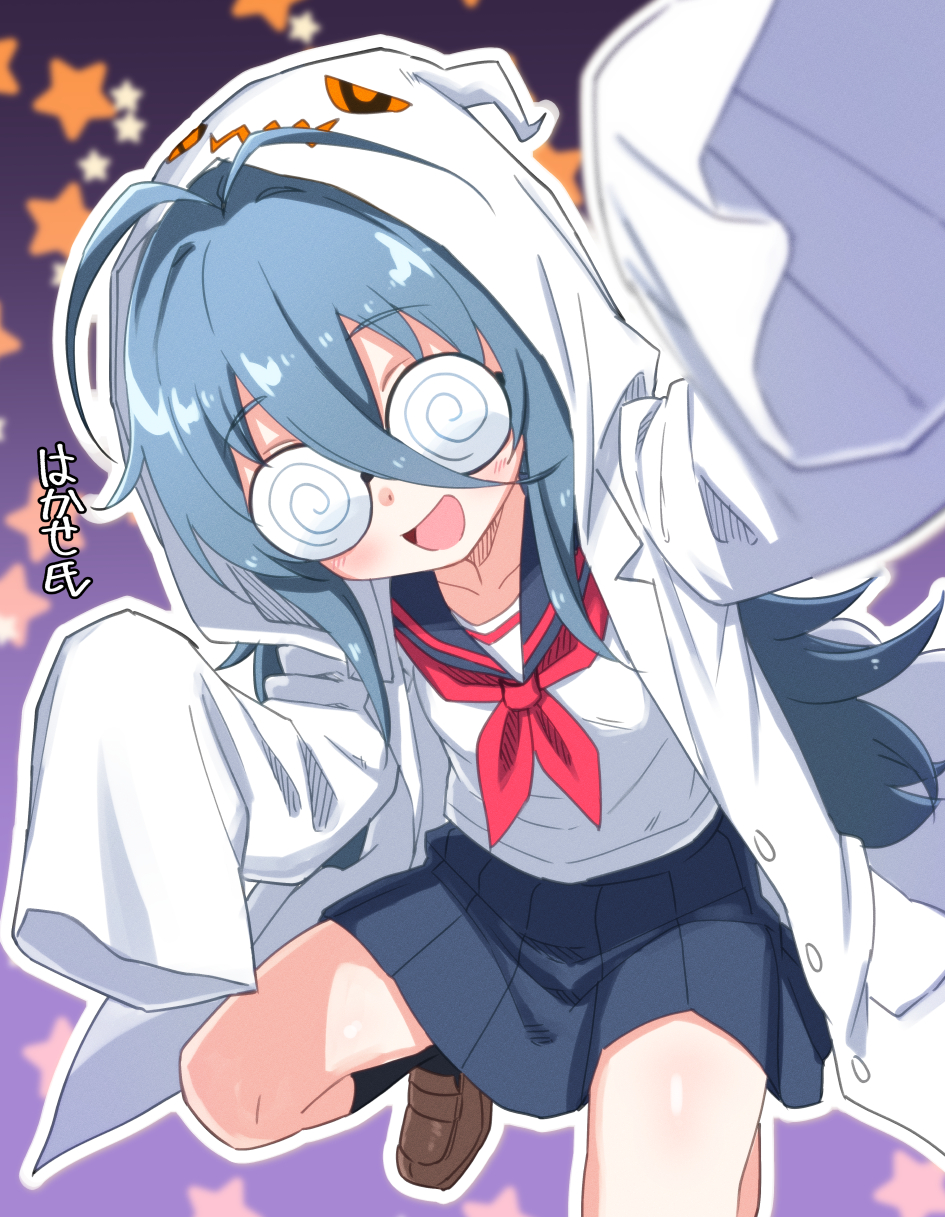 denmaru. (dedendenmaru), original, commentary request, highres, translation request, 1girl, :d, black socks, blue hair, blue sailor collar, blue skirt, blurry, blurry background, blush, brown shoes, coke-bottle glasses, glasses, hair between eyes, hood, hood up, lab coat, loafers, long hair, long hair between eyes, long sleeves, neckerchief, open mouth, pleated skirt, purple background, red neckerchief, round eyewear, sailor collar, school uniform, serafuku, shirt, shoes, skirt, sleeves past fingers, sleeves past wrists, smile, socks, solo, squatting, white shirt