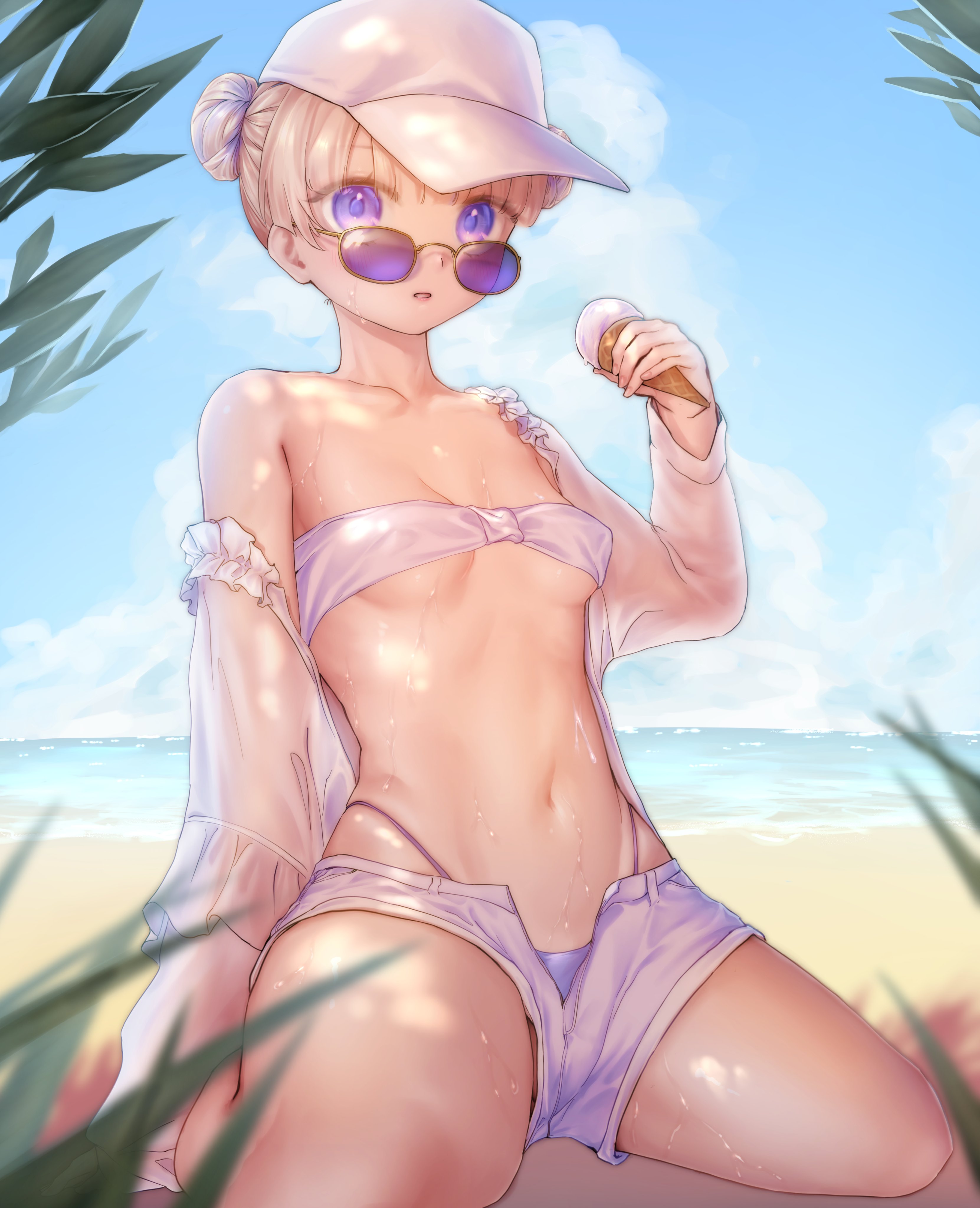 tsuwamun, todoroki hajime, hololive, hololive dev is, absurdres, commentary request, highres, 1girl, beach, bikini, blue sky, breasts, cloud, cloudy sky, day, double bun, food, hair bun, hat, ice cream, legs folded, looking at viewer, navel, off shoulder, outdoors, plant, purple eyes, short shorts, shorts, sitting, sky, small breasts, solo, stomach, sunglasses, sweat, swimsuit, unzipped, virtual youtuber, water