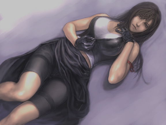 jayun, tifa lockhart, final fantasy, final fantasy vii, final fantasy vii advent children, square enix, 00s, 1990s (style), 1girl, black hair, breasts, cleavage, female focus, gloves, large breasts, lying, retro artstyle, ribbon, shorts, solo, undressing, unzipping