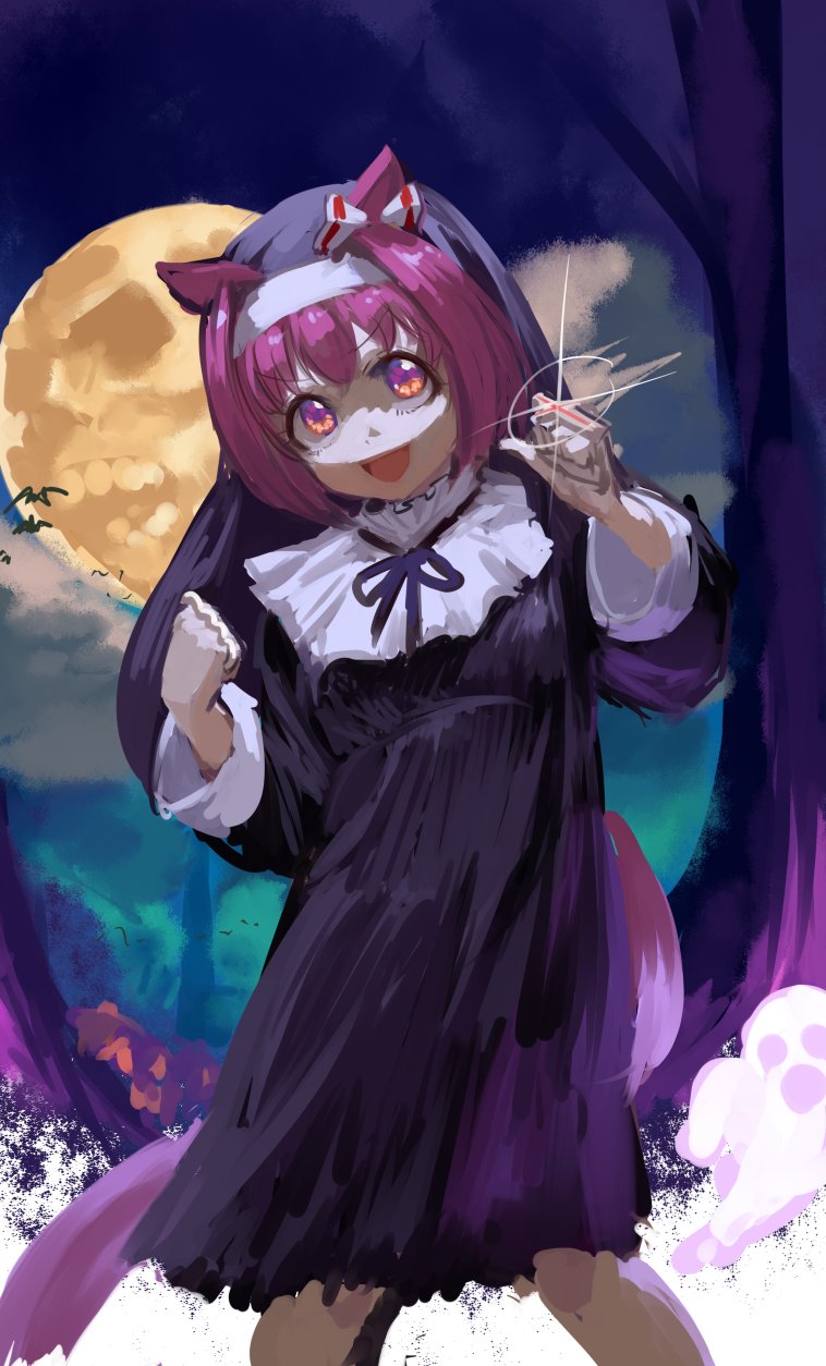 inishie kumo, haru urara (umamusume), umamusume, highres, 1girl, animal ears, bow, brass knuckles, cross, ear bow, ear covers, flower-shaped pupils, flower in eye, hairband, headband, horse ears, horse girl, horse tail, long hair, looking at viewer, moon, nun, open mouth, pink eyes, pink hair, pink headband, ponytail, skull, smile, solo, symbol-shaped pupils, symbol in eye, tail, weapon, white headband