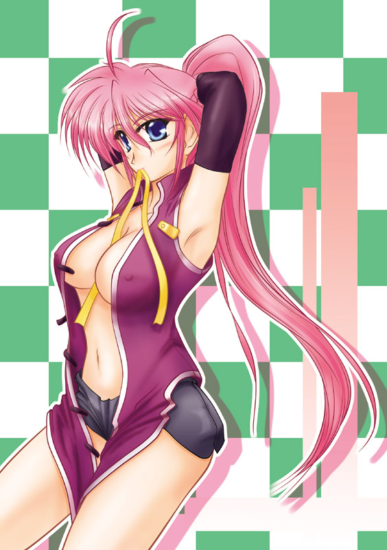 aoiba takato, signum, lyrical nanoha, mahou shoujo lyrical nanoha, mahou shoujo lyrical nanoha a's, mahou shoujo lyrical nanoha strikers, non-web source, 00s, 1girl, adjusting hair, armpits, between breasts, breasts, cleavage, female focus, large breasts, mouth hold, open clothes, open shirt, ponytail, shirt, solo