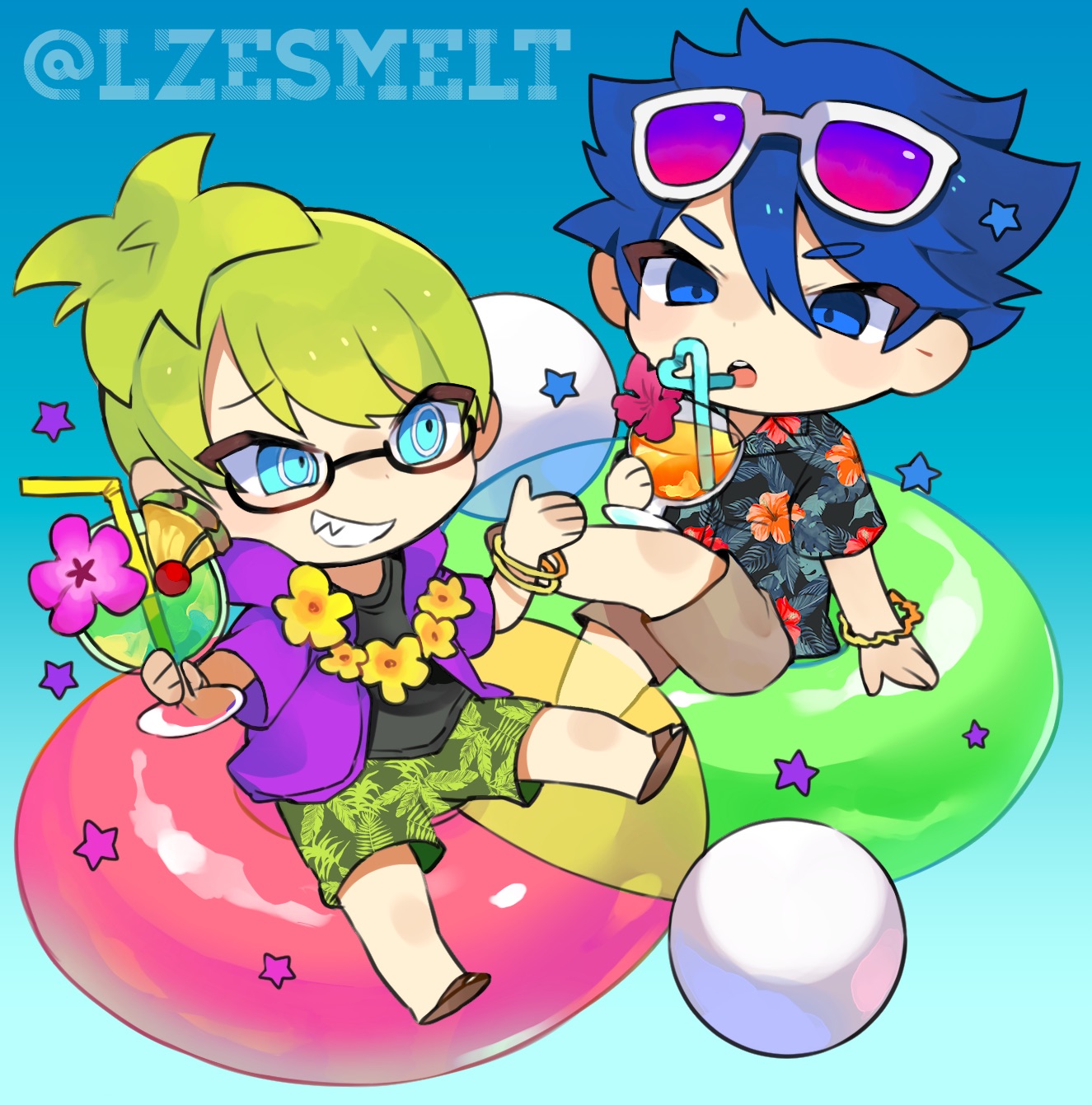 lzesmelt, iggy koopa, ludwig von koopa, mario (series), nintendo, highres, 2boys, black shirt, blue eyes, blue hair, chibi, chibi only, cocktail, crazy straw, crossed legs, drinking straw, eyewear on head, fang, flower, flower necklace, full body, glasses, gradient-tinted eyewear, green hair, grin, hair between eyes, heart straw, hibiscus, humanization, jewelry, looking at another, looking at object, male focus, multiple boys, necklace, sandals, semi-rimless eyewear, shirt, smile, tinted eyewear, tropical drink, white-framed eyewear