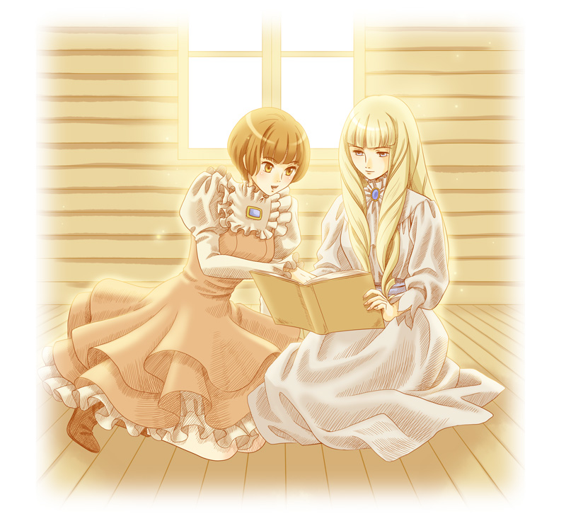 mariko niki, kihel heim, sochie heim, gundam, turn a gundam, bad id, bad pixiv id, blonde hair, blue eyes, blush, book, brown eyes, brown hair, dress, drill hair, long hair, short hair, siblings, sisters, smile