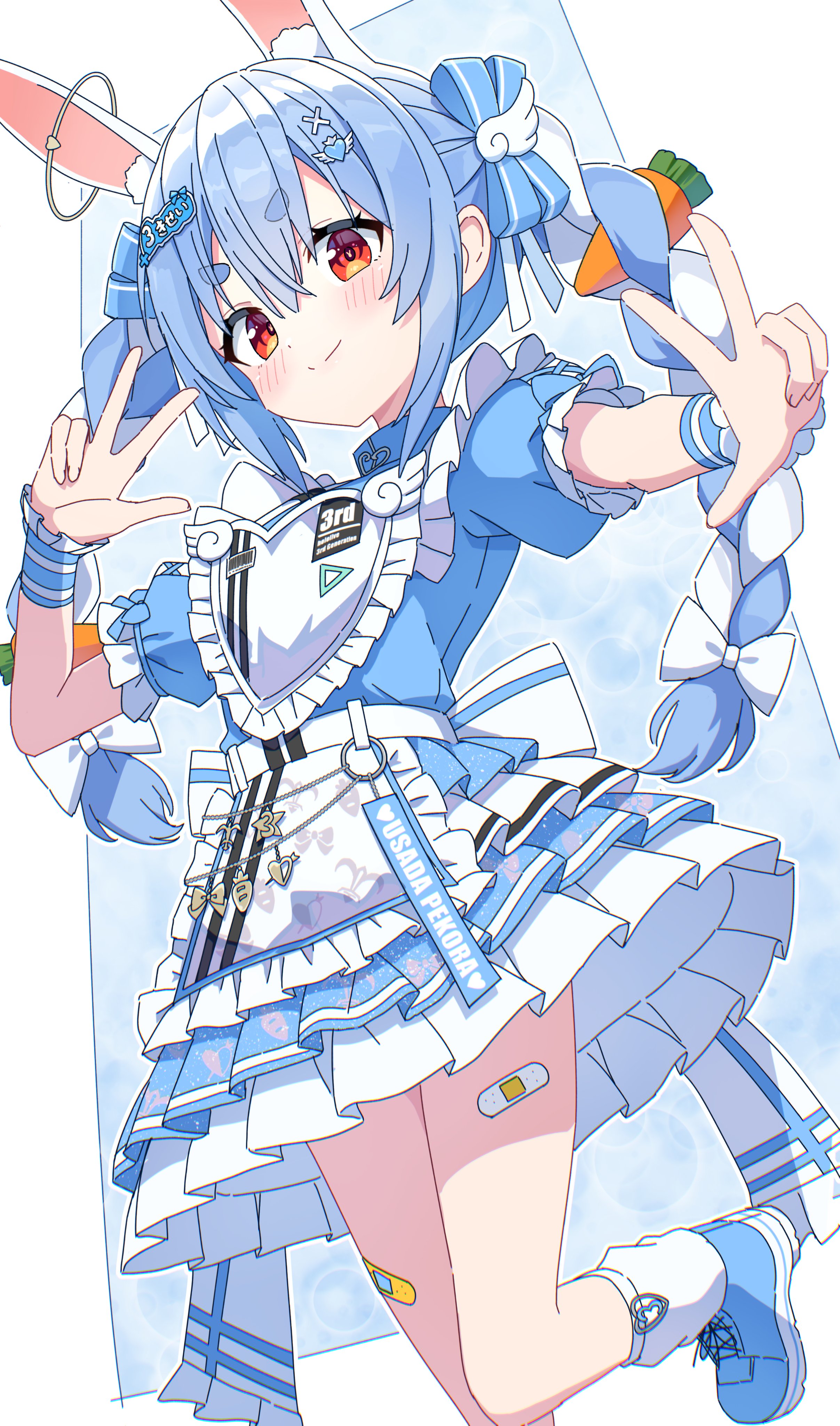 kaie, usada pekora, hololive, absurdres, commentary request, highres, 1girl, animal ear fluff, animal ears, apron, back bow, bandaid, bandaid on leg, blue background, blue bow, blue dress, blue hair, blue shoes, blush, border, bow, carrot hair ornament, character name, closed mouth, double w, dress, food-themed hair ornament, foot out of frame, frilled apron, frilled dress, frilled sleeves, frills, hair bow, hair ornament, long hair, looking at viewer, multicolored hair, outline, outside border, rabbit ears, rabbit girl, red eyes, shoes, short sleeves, smile, socks, solo, standing, standing on one leg, thick eyebrows, two-tone hair, virtual youtuber, w, waist apron, white apron, white border, white bow, white hair, white outline, white socks, wing hair ornament, wrist cuffs