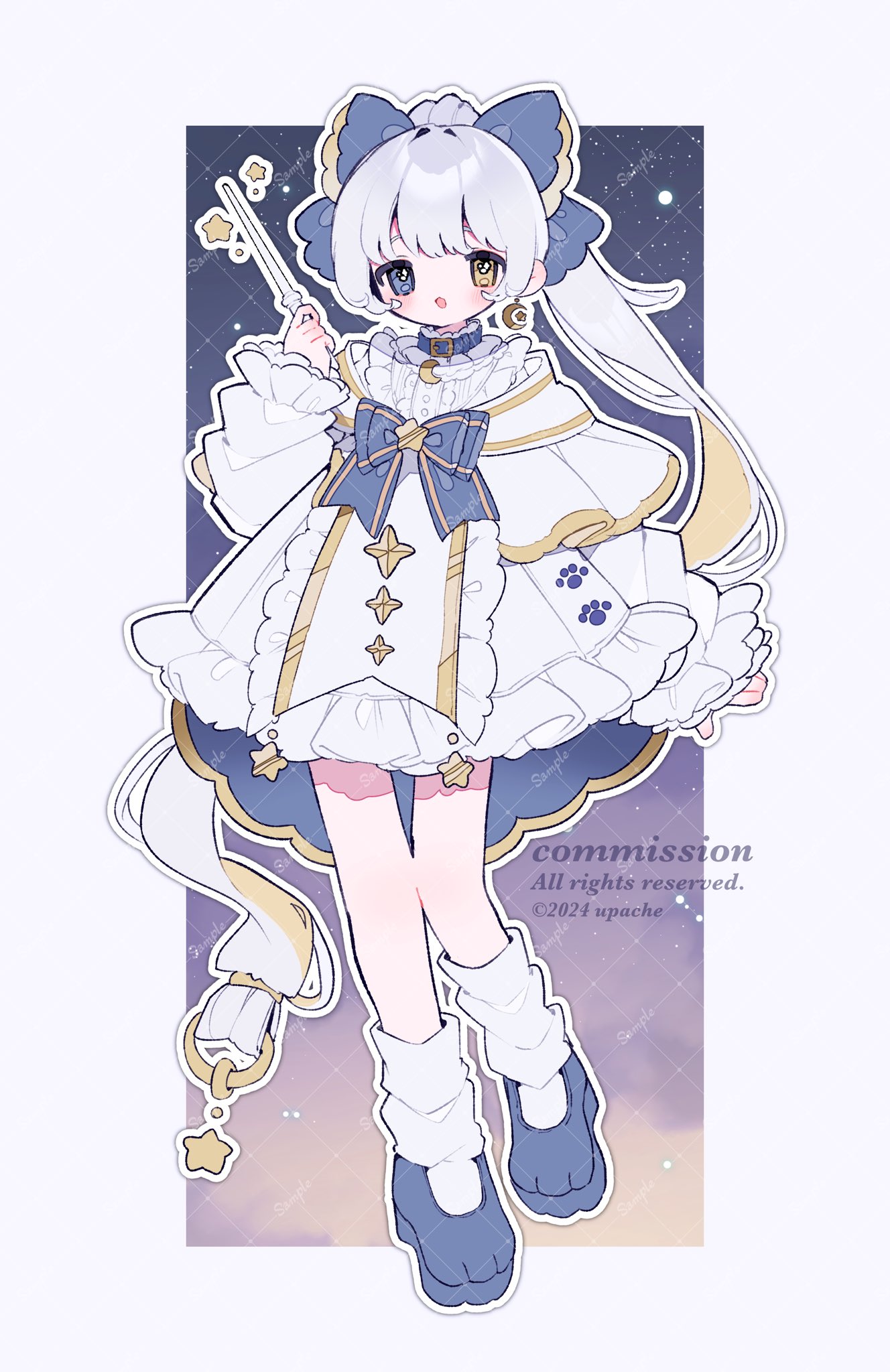 upa papa co, original, commentary, commission, highres, 1girl, :o, artist name, blue bow, blue bowtie, blue collar, blue eyes, blue shoes, blush, bow, bowtie, collar, crescent, crescent earrings, dress, earrings, frilled dress, frilled sleeves, frills, full body, grey hair, hair bow, heterochromia, jewelry, long hair, long sleeves, looking at viewer, open mouth, outline, ponytail, shoes, single earring, socks, solo, standing, standing on one leg, watermark, white dress, white outline, white socks, yellow eyes