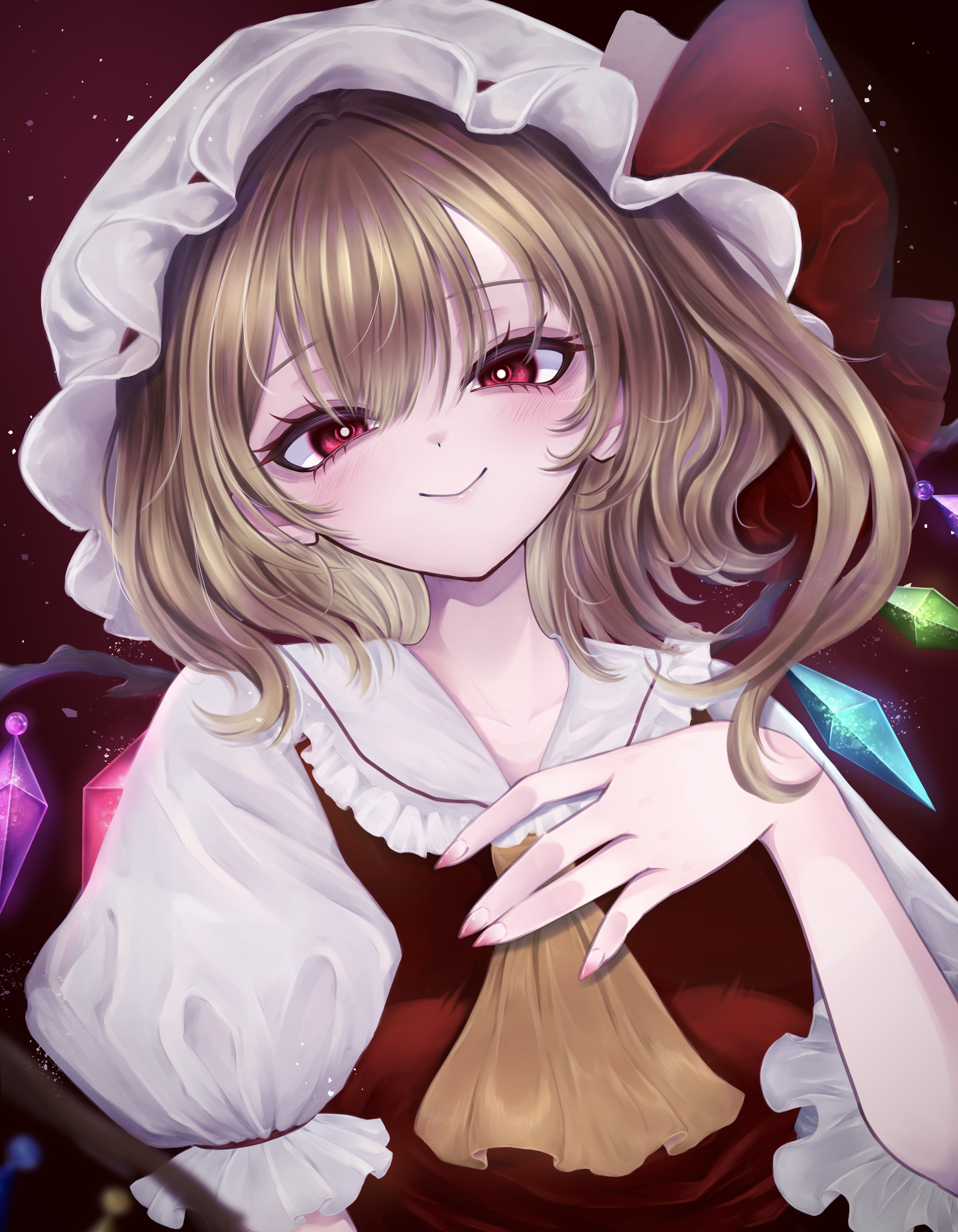 flandre scarlet, touhou, absurdres, commentary, highres, 1girl, ascot, blonde hair, blush, bright pupils, collarbone, crystal wings, frilled hat, frilled sailor collar, frills, hair between eyes, hand on own chest, hat, hat ribbon, looking at viewer, mob cap, one side up, puffy short sleeves, puffy sleeves, red eyes, red ribbon, red vest, ribbon, rinea (ywyh8784), sailor collar, shirt, short sleeves, smile, solo, upper body, vest, white hat, white pupils, white shirt, wings, yellow ascot