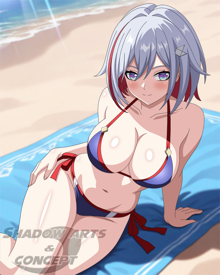 topaz (honkai: star rail), honkai: star rail, honkai (series), bare shoulders, beach, beach towel, bikini, black boots, blue eyes, blush, boots, breasts, hair ornament, hairclip, large breasts, looking at viewer, multicolored hair, red hair, shadowarts, short hair, signature, swimsuit, towel, water, white hair