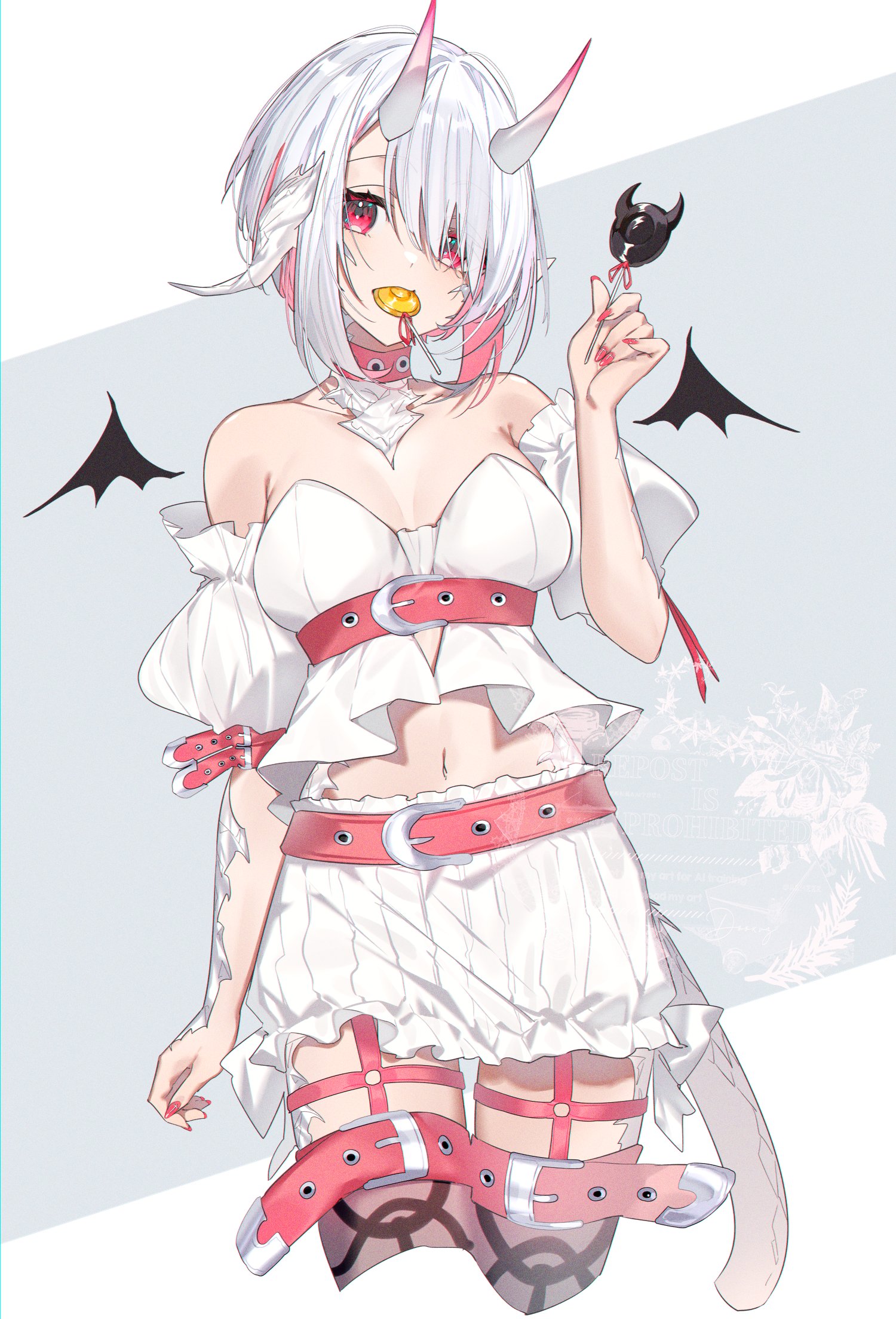 motsuni (lxxe1120), warrior of light (ff14), final fantasy, final fantasy xiv, commentary, highres, symbol-only commentary, 1girl, au ra, bare shoulders, belt, candy, choker, cropped legs, demon horns, demon wings, detached sleeves, detached wings, dragon girl, dragon horns, dragon tail, food, holding, holding candy, holding food, holding lollipop, horns, lollipop, lollipop in mouth, looking at viewer, midriff, navel, pink choker, pink nails, red eyes, scales, shirt, skirt, solo, strapless, strapless shirt, tail, thigh belt, thigh strap, thighhighs, white hair, white shirt, white skirt, wings