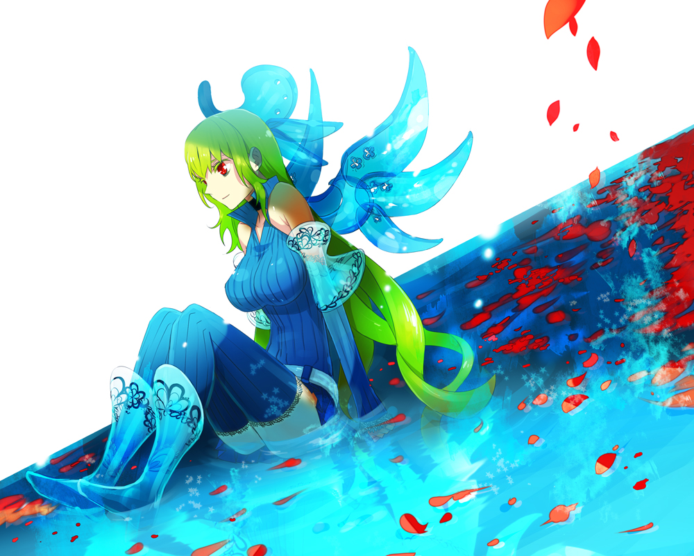 mami (apsaras), original, 1girl, blue boots, boots, breasts, detached sleeves, female focus, green hair, large breasts, long hair, petals, red eyes, sitting, solo, thighhighs, water, wings