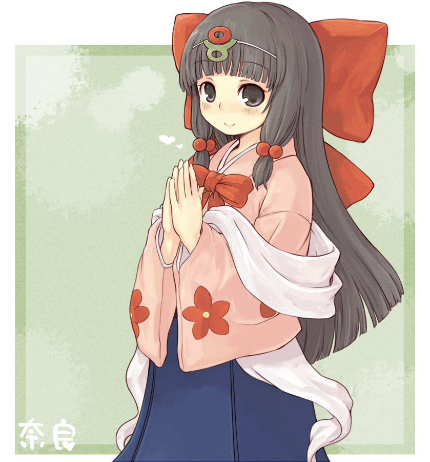 7010, renka-chan, sento-kun, black eyes, black hair, blush, hair ribbon, japanese clothes, long hair, miko, nara mascot, ribbon, smile, solo