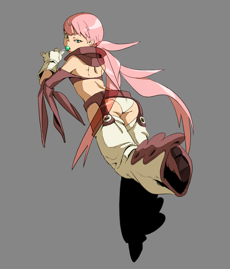 9aki, cynthia lane, overman king gainer, 00s, 1girl, ass, back, candy, chaps, female focus, food, gloves, green eyes, grey background, lollipop, long hair, looking back, panties, pink hair, simple background, solo, underwear, very long hair