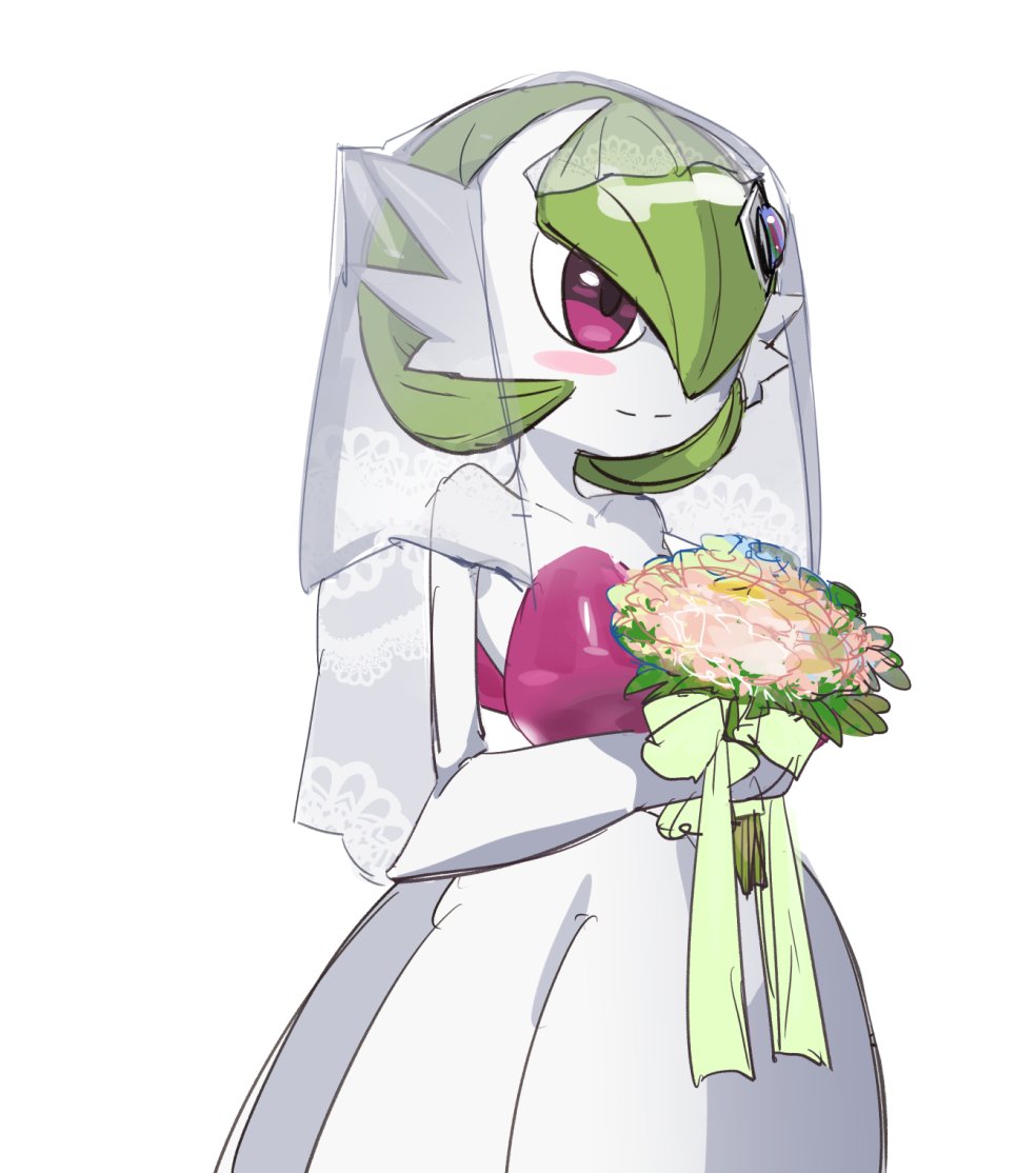 bow (bhp), gardevoir, mega gardevoir, nintendo, pokemon, pokemon (anime), poketoon, commentary, variant set, 1girl, 2025, blush, bob cut, bouquet, breasts, colored skin, covered erect nipples, dress, elbow gloves, female focus, flower, gen 3 pokemon, gloves, green hair, hair over one eye, holding, holding bouquet, large breasts, mega pokemon, pokemon (creature), pokemon focus, red eyes, simple background, smile, solo, strapless, strapless dress, upper body, veil, white background, white dress, white skin