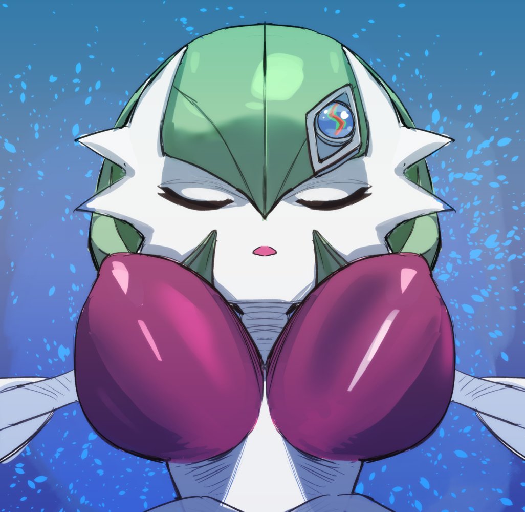 bow (bhp), gardevoir, mega gardevoir, nintendo, pokemon, pokemon (anime), poketoon, commentary, 1girl, 2025, abstract background, arms at sides, blue background, bob cut, breasts, closed eyes, colored skin, covered erect nipples, cropped torso, dress, elbow gloves, female focus, gen 3 pokemon, gloves, green hair, large breasts, mega pokemon, mega stone, open mouth, pokemon (creature), pokemon focus, red eyes, solo, straight-on, strapless, strapless dress, white dress, white skin