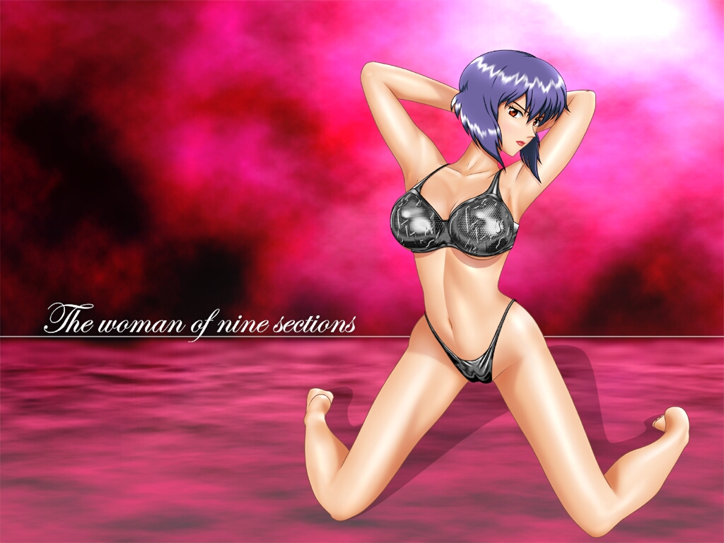 yuusuke (ziyasu), kusanagi motoko, ghost in the shell, non-web source, 1girl, barefoot, bikini, blue hair, brown eyes, english text, engrish text, female focus, kneeling, ranguage, short hair, solo, swimsuit