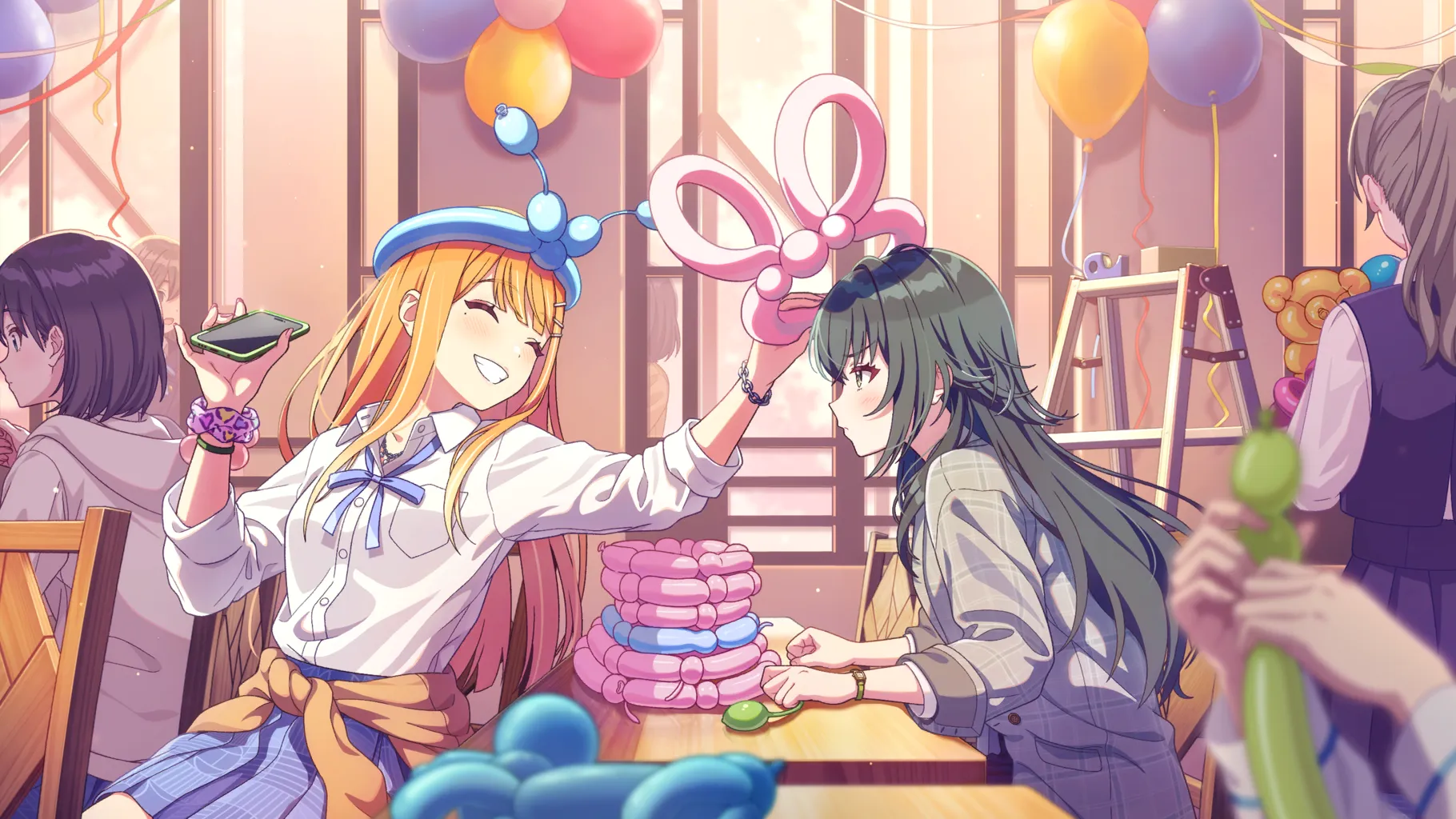 shiun sumika, tsukimura temari, gakuen idolmaster, idolmaster, game cg, highres, official art, balloon, black hair, blonde hair, bracelet, brown hair, buttons, cellphone, chair, closed eyes, clothes around waist, collared shirt, desk, green eyes, green hair, grin, holding, jewelry, ladder, multicolored hair, neck ribbon, orange hair, phone, profile, ribbon, school desk, scrunchie, shirt, skirt, smartphone, smile, sweater, sweater around waist, tape, white shirt, window
