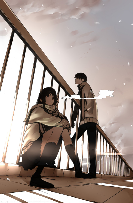 onigunsou, original, 1boy, 1girl, black hair, black thighhighs, cigarette, cloud, cloudy sky, cold, hand in pocket, head rest, knees together feet apart, long hair, pants, pleated skirt, railing, rooftop, scarf, school uniform, shoes, short hair, sitting, skirt, sky, smoke, smoking, snow, snowing, socks, standing, sunlight, sweater, thighhighs