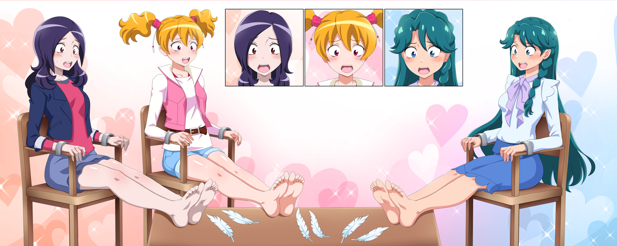 orcaleon, higashi setsuna, kaidou minami, momozono love, fresh precure!, go! princess precure, precure, commentary, commission, english commentary, highres, mixed-language commentary, 3girls, aqua hair, barefoot, belt, black hair, blonde hair, blue background, blue bow, blue bowtie, blue eyes, blue jacket, blue shirt, blue shorts, blue skirt, blush, bow, bowtie, braid, breasts, brown belt, chair, coffee table, collared vest, colorful background, crown braid, d:, denim, denim shorts, feathers, feet, feet on table, frilled shirt, frills, full body, furrowed brow, gradient background, hair between eyes, hair ornament, hair scrunchie, heart, heart background, imminent tickling, in-franchise crossover, jacket, lapels, layered sleeves, long hair, long sleeves, looking down, medium hair, miniskirt, multiple girls, on chair, open clothes, open jacket, open mouth, open vest, orange background, outstretched legs, pale skin, parted bangs, pink background, pink eyes, pink scrunchie, pink vest, red eyes, red shirt, scared, scrunchie, shirt, shirt tucked in, shorts, single braid, sitting, skirt, small breasts, soles, sparkle, sparkle background, sweatdrop, table, teeth, toes, twintails, upper teeth only, vest, white background, white feathers, white shirt