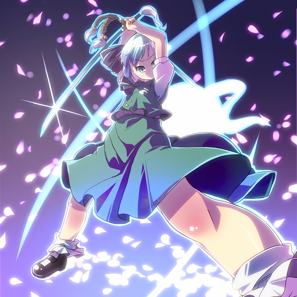 muku (muku-coffee), konpaku youmu, konpaku youmu (ghost), touhou, silver hair, 1girl, :<, arms up, bell, blue eyes, bobby socks, dual wielding, female focus, foreshortening, ghost, glaring, hairband, holding, jingle bell, katana, looking at viewer, petals, short hair, socks, solo, sword, weapon