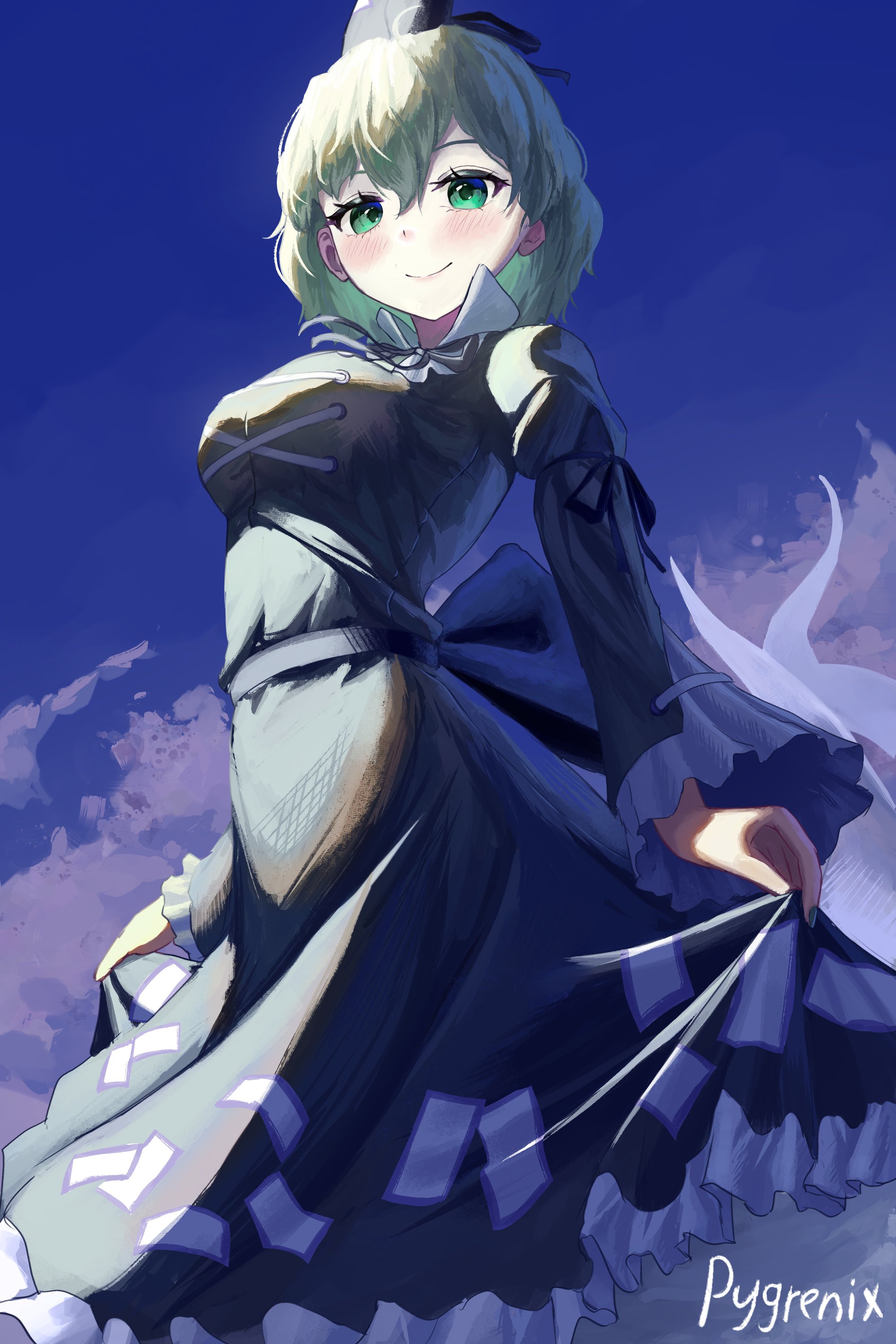 pygrenix, soga no tojiko, touhou, absurdres, highres, 1girl, dress, earmuffs, ghost tail, green dress, green eyes, green hair, hat, japanese clothes, kariginu, long sleeves, ofuda, ofuda on clothes, pointy hair, ponytail, ritual baton, short hair, skirt, smile, solo, tate eboshi