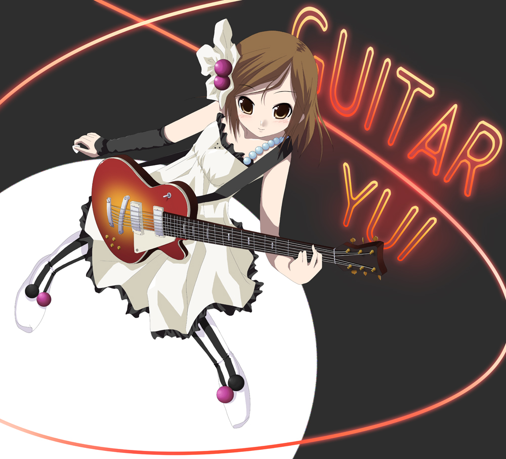 tomcat, hirasawa yui, don't say "lazy", k-on!, striped legwear, 00s, 1girl, brown eyes, brown hair, electric guitar, female focus, gibson les paul, guitar, instrument, pantyhose, plectrum, short hair, solo, striped clothes, striped pantyhose, vertical-striped clothes, vertical-striped pantyhose