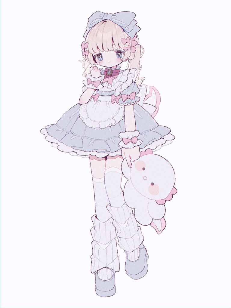 upa papa co, original, commentary, 1girl, apron, blonde hair, blue bow, blue dress, blue eyes, blue shoes, blush, bow, bowtie, closed mouth, dress, frilled apron, frilled dress, frilled wrist cuffs, frills, full body, hair bow, hand up, holding, holding stuffed toy, long hair, pink bow, pink bowtie, ponytail, ribbed socks, shoes, short sleeves, simple background, sleeve bow, socks, socks over thighhighs, solo, standing, stuffed animal, stuffed toy, thighhighs, white apron, white background, white socks, white thighhighs, wrist cuffs