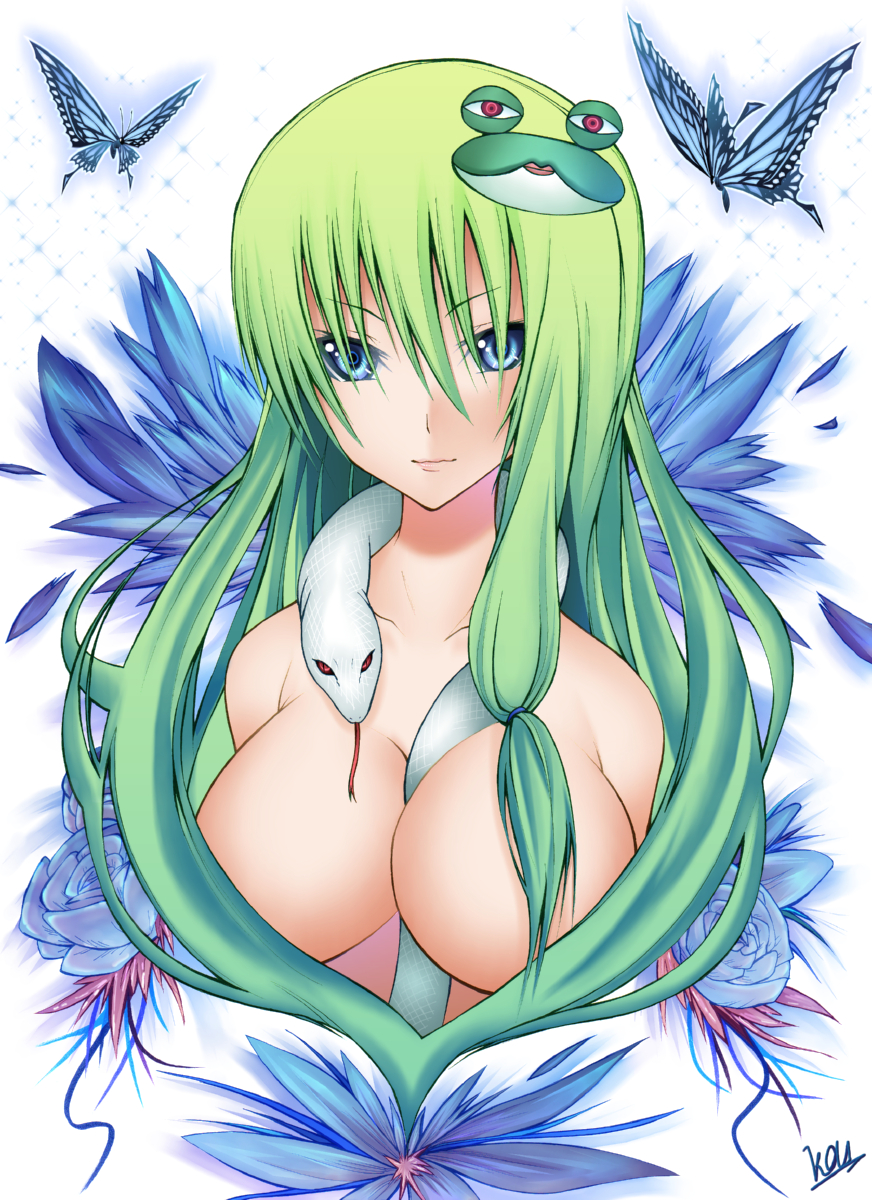 daive, kochiya sanae, mishaguji, touhou, highres, 1girl, between breasts, breasts, bug, butterfly, female focus, green hair, huge breasts, snake, solo