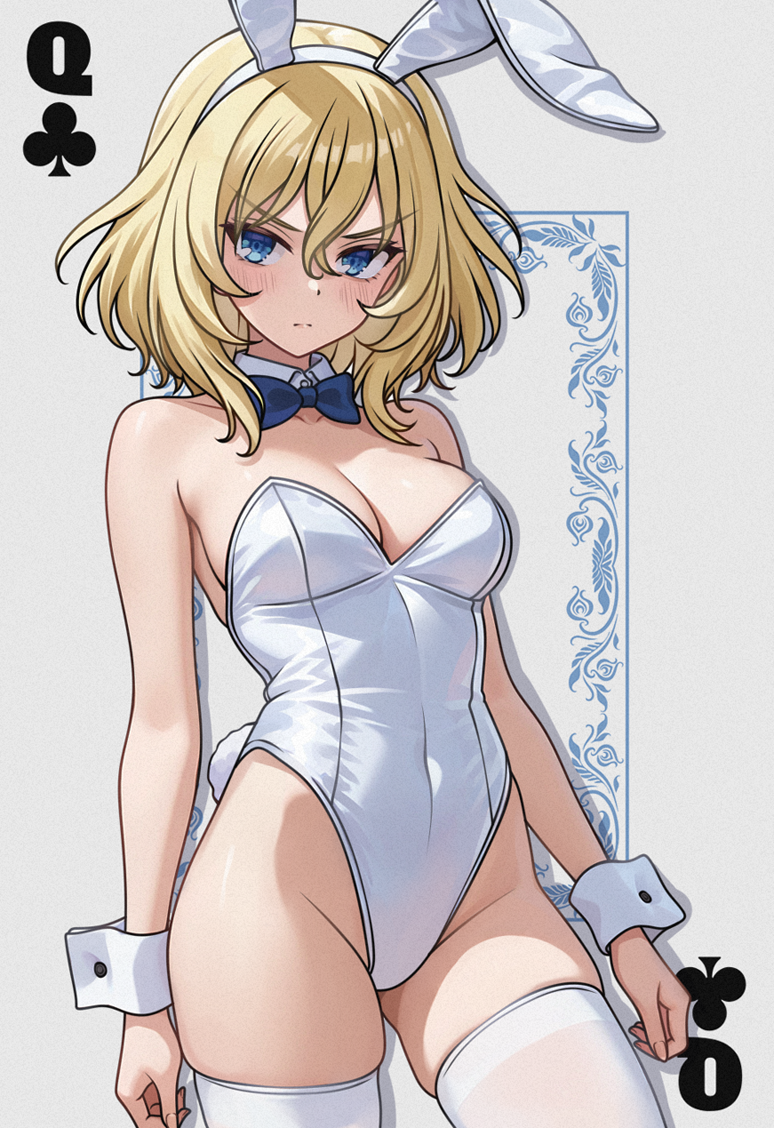 aadka5, oshida (girls und panzer), girls und panzer, highres, animal ear hairband, animal ears, blonde hair, blue bow, blue bowtie, blue eyes, bow, bowtie, breasts, card, card (medium), cleavage, covered navel, detached collar, fake animal ears, hair between eyes, hairband, leotard, looking at viewer, medium breasts, medium hair, playboy bunny, playing card, queen (playing card), queen of clubs, rabbit ears, rabbit tail, short hair, strapless, strapless leotard, tail, thighhighs, white leotard, white thighhighs, wrist cuffs