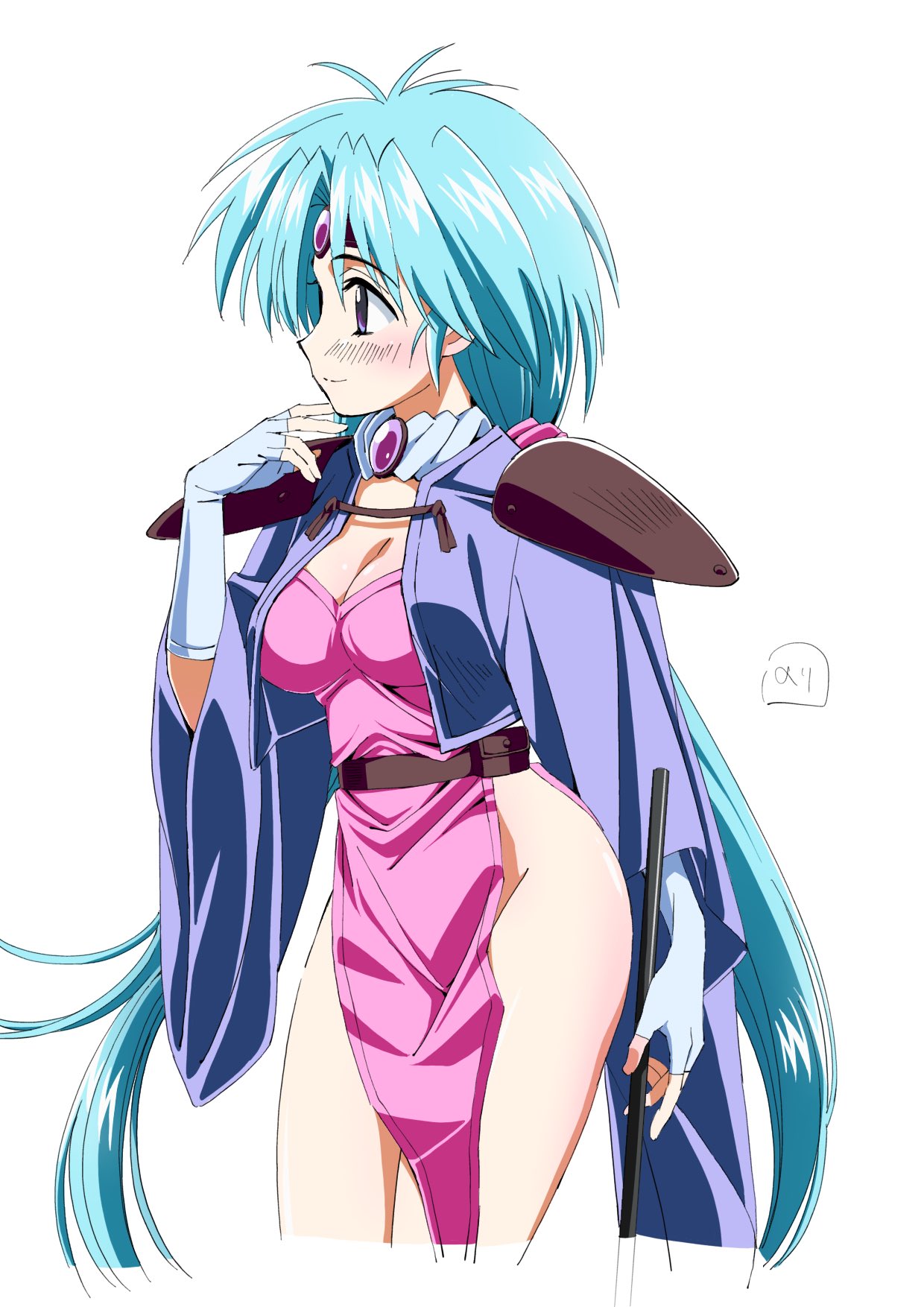 nori (norimakigumo), paffy pafuricia, haou taikei ryuu knight, highres, 1girl, blue hair, breasts, circlet, cleavage, closed mouth, fingerless gloves, gloves, holding, holding staff, large breasts, long hair, purple eyes, simple background, smile, solo, staff, twintails, very long hair, white background