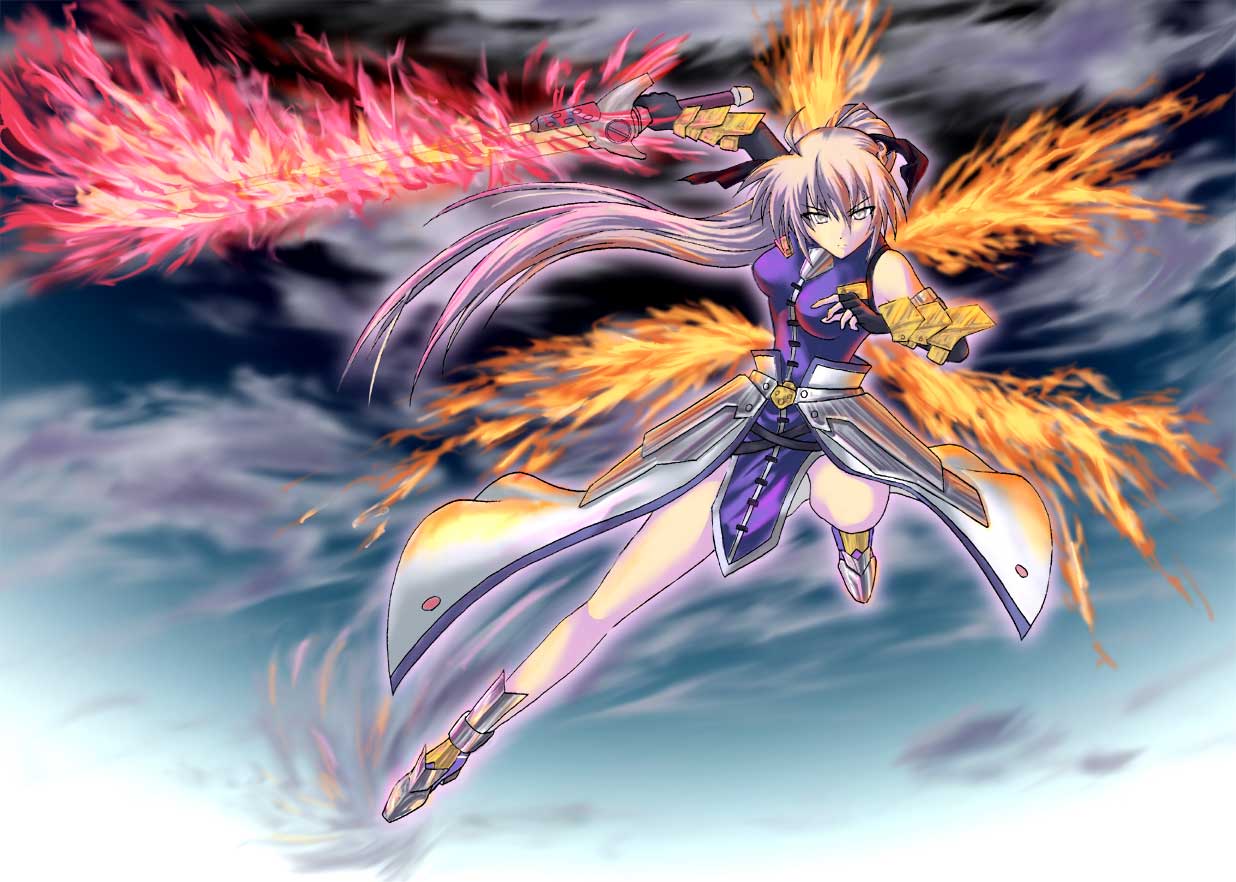 kaeru314, kaeru (kaerism), laevatein (nanoha), signum, lyrical nanoha, mahou shoujo lyrical nanoha, mahou shoujo lyrical nanoha strikers, bad id, bad pixiv id, 00s, 1girl, female focus, fiery wings, fire, sky, solo, sword, unison (nanoha), weapon, wings