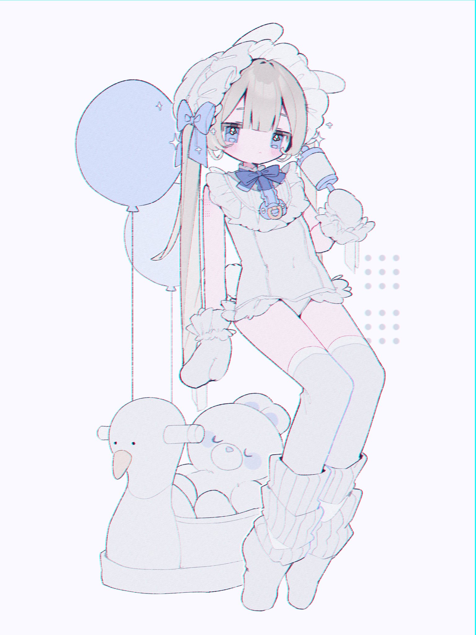 upa papa co, original, commentary request, highres, 1girl, balloon, blonde hair, blue bow, blue bowtie, blue eyes, blush, bow, bowtie, closed mouth, frilled gloves, frilled one-piece swimsuit, frills, full body, gloves, hair bow, hat, holding, holding rattle, long hair, looking at viewer, no shoes, one-piece swimsuit, ponytail, rattle, simple background, solo, standing, swimsuit, thighhighs, white background, white gloves, white hat, white one-piece swimsuit, white thighhighs