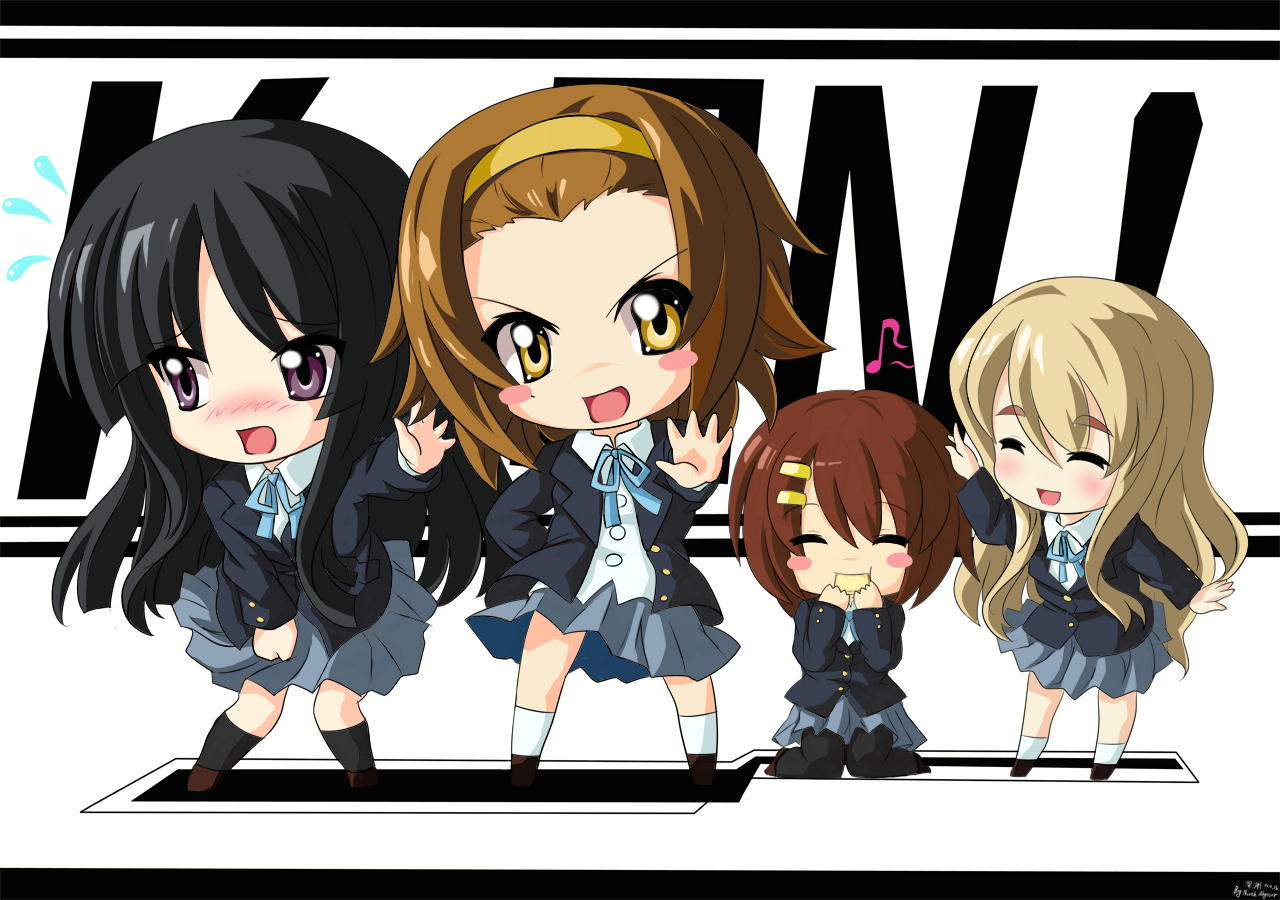 north abyssor, akiyama mio, hirasawa yui, kotobuki tsumugi, tainaka ritsu, k-on!, 00s, 4girls, black hair, blonde hair, blush stickers, brown hair, chibi, closed eyes, eating, hair ornament, hairband, hairclip, ho-kago tea time, kneeling, letterboxed, long hair, multiple girls, pantyhose, school uniform, short hair