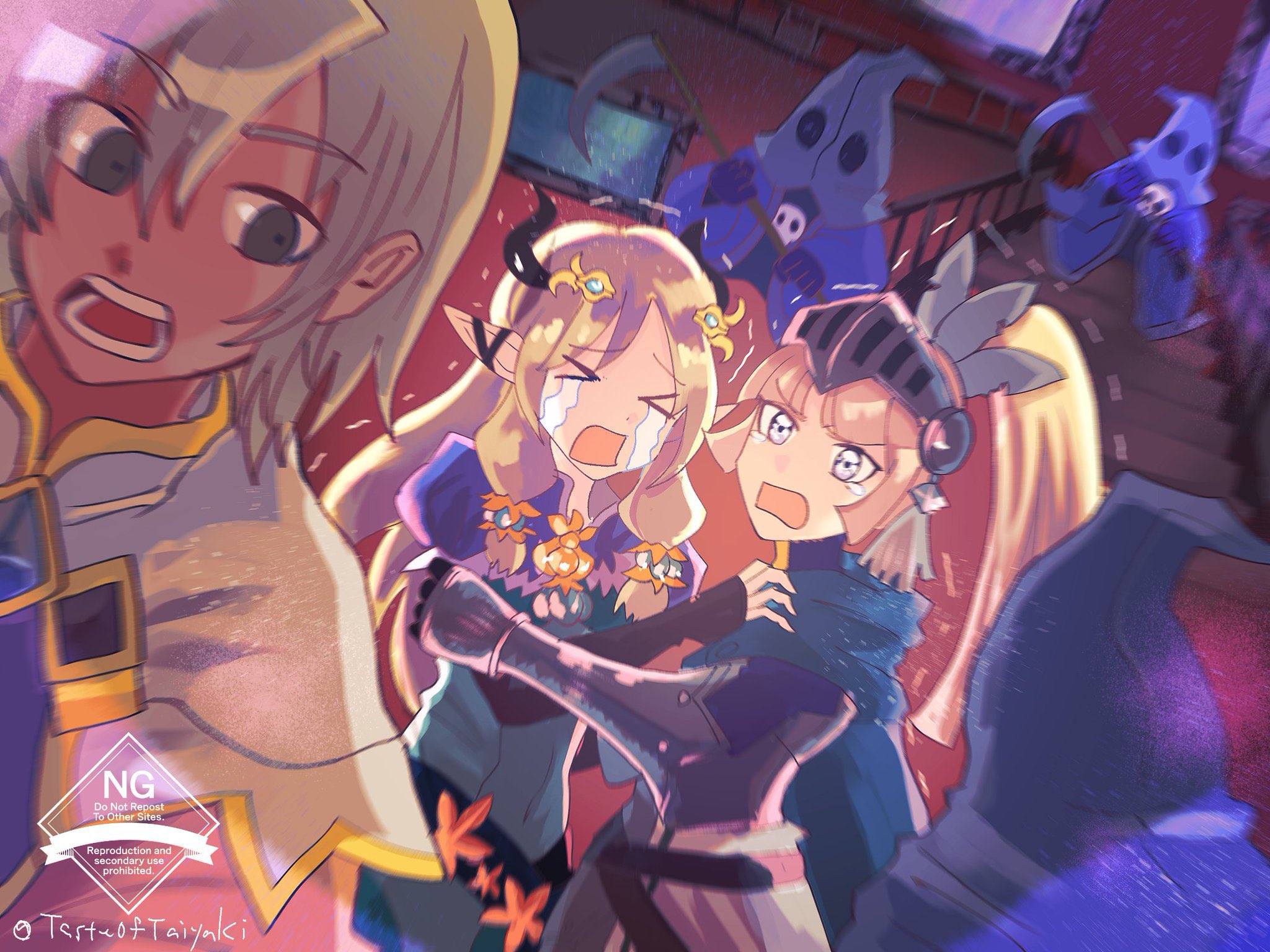 forte (rune factory), lest (rune factory), margaret (rune factory), rune factory, rune factory 4, highres, > <, 1boy, 2girls, armor, armored dress, blonde hair, blue eyes, breastplate, cape, capelet, cloak, covered navel, crying, crying with eyes open, dress, elf, gauntlets, ghost, gloves, hair ornament, holding, holding scythe, hug, juliet sleeves, long hair, long sleeves, monster, multiple girls, open mouth, pointy ears, ponytail, puffy sleeves, scared, screaming, scythe, short hair, tasteoftaiyaki, tears, tiara, visor (armor), white capelet, white hair