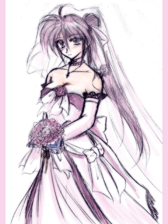 signum, lyrical nanoha, mahou shoujo lyrical nanoha, mahou shoujo lyrical nanoha a's, bad id, bad pixiv id, 00s, bare shoulders, bouquet, bride, choker, dress, elbow gloves, flower, gloves, ponytail, sketch, solo, strapless, strapless dress, wedding dress