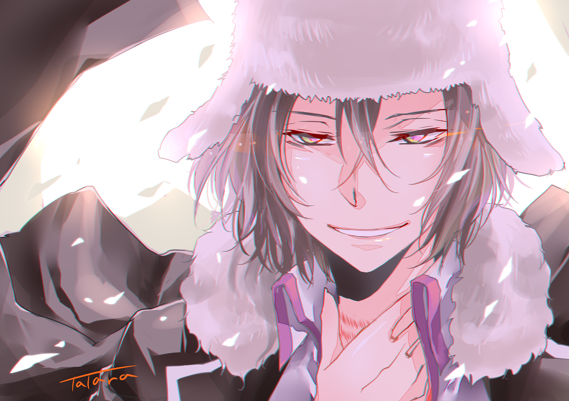 fyodor dostoyevsky (bungou stray dogs), bungou stray dogs, highres, 1boy, black coat, black hair, blacklightgreen, coat, hair between eyes, hat, long sleeves, looking at viewer, male focus, purple eyes, short hair, smile, ushanka