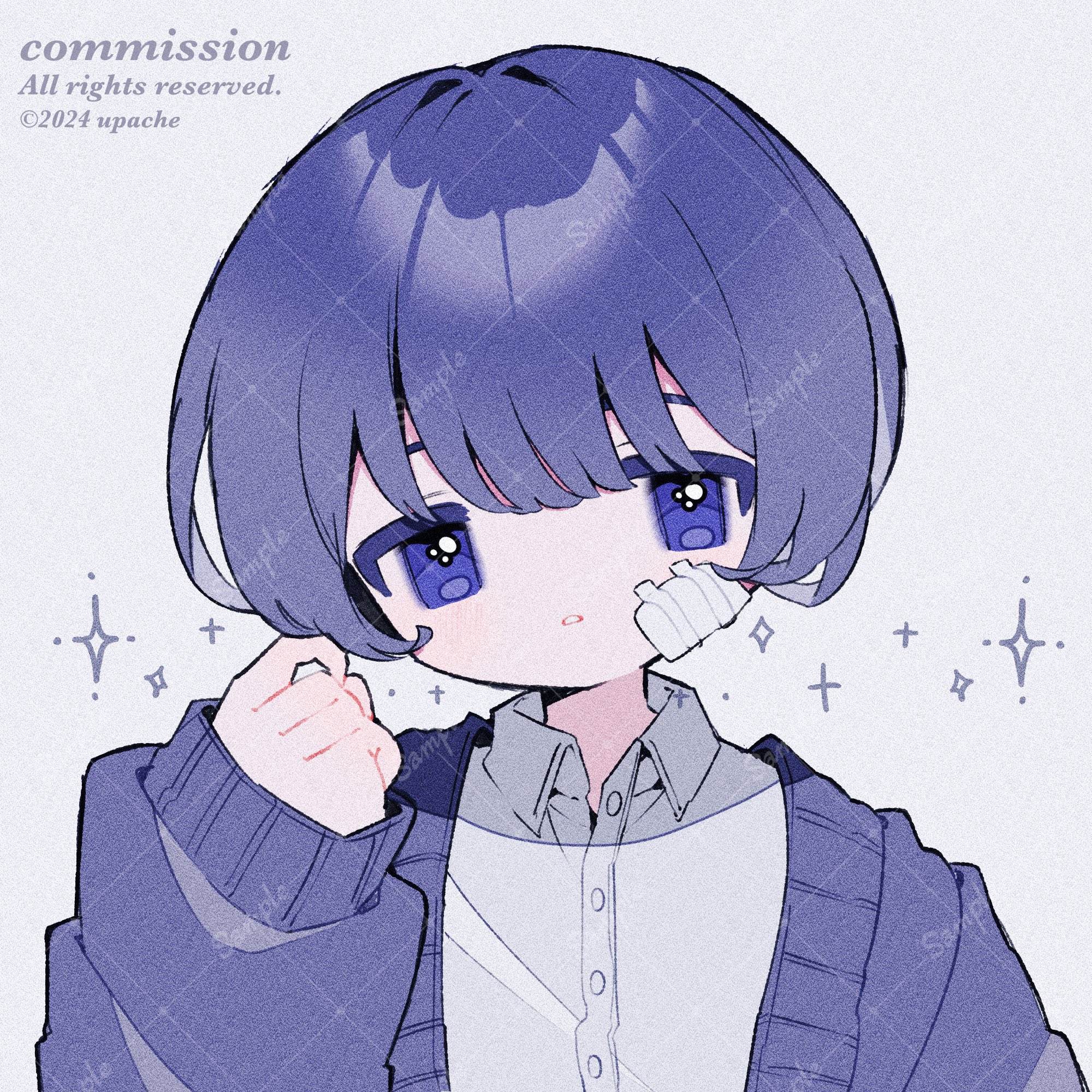 upa papa co, original, commentary, commission, highres, 1girl, artist name, bandaid, bandaid on cheek, bandaid on face, blue cardigan, blue eyes, blue hair, buttons, cardigan, collared shirt, hand up, long sleeves, looking at viewer, open cardigan, open clothes, parted lips, portrait, sample watermark, shirt, short hair, simple background, solo, sparkle, watermark, watermark grid, white background, white shirt